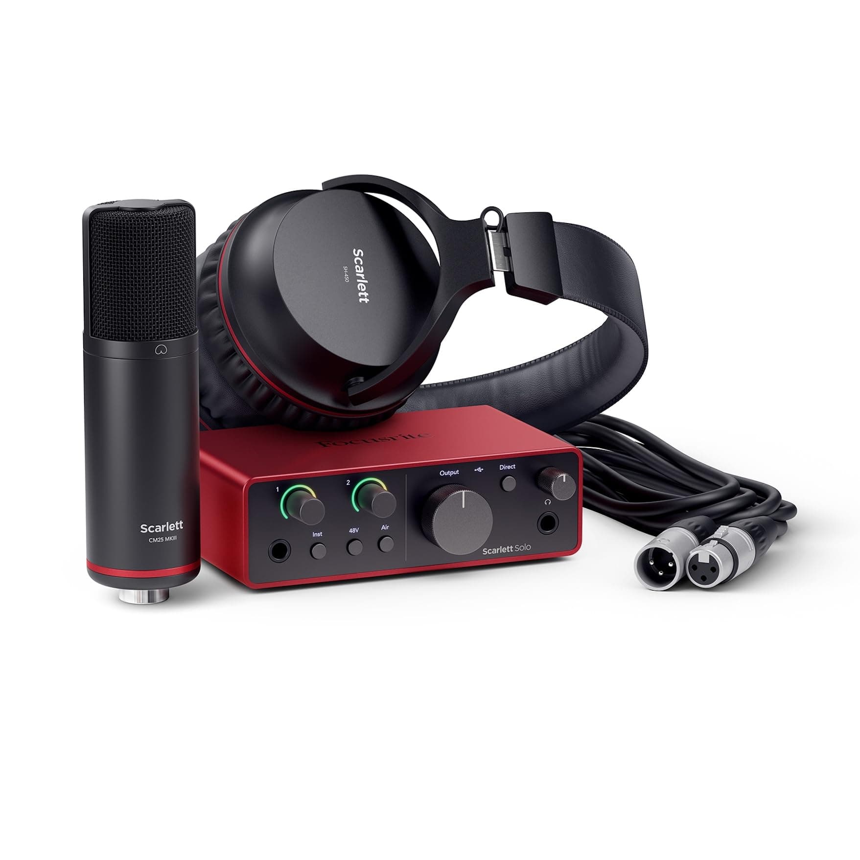 Focusrite Scarlett Solo Studio (4° gen.), pacchetto con interfaccia audio USB per cantautori e produttori, microfono a condensatore e cuffie, ideale per registrazioni, streaming e podcast