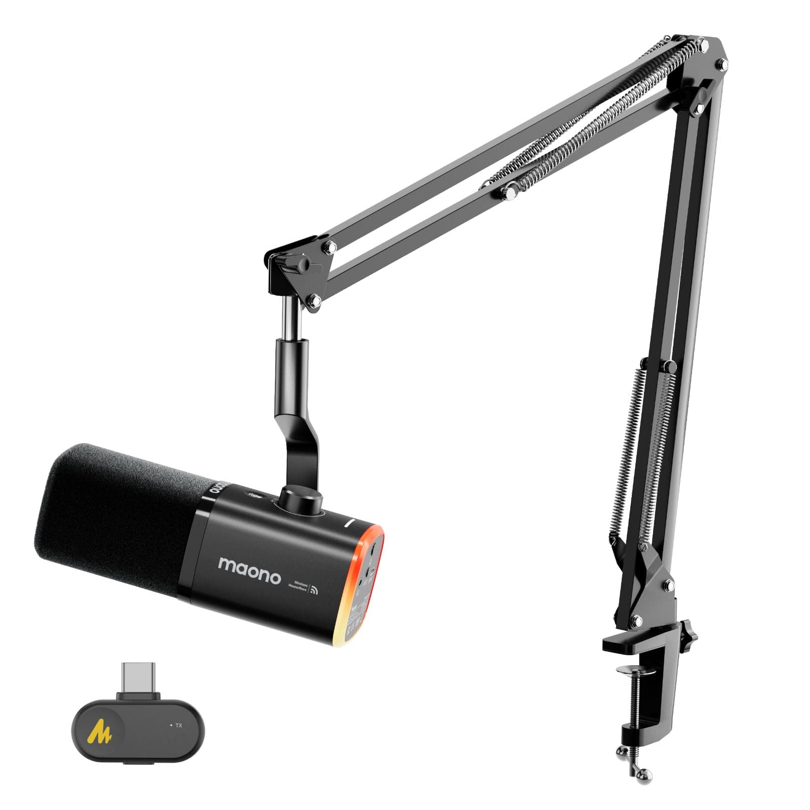MAONO PD100WS Micrófono Gaming Inalámbrico para PC, Micrófono Dinámico USB con Brazo, 3 Niveles de Reducción de Ruido, RGB, Botón Mute & EQ por Software para Streaming, Podcast & Grabación, Negro