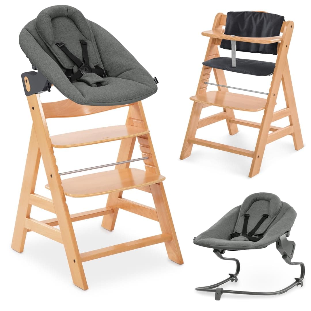 hauck Alpha Plus Premium Set de Trona Evolutiva Bebé con Hamaca Reclinable para Recién Nacidos y Cojín Acolchado de 2 Piezas | Sillas Tronas Madera con Arnés de 5 Puntos