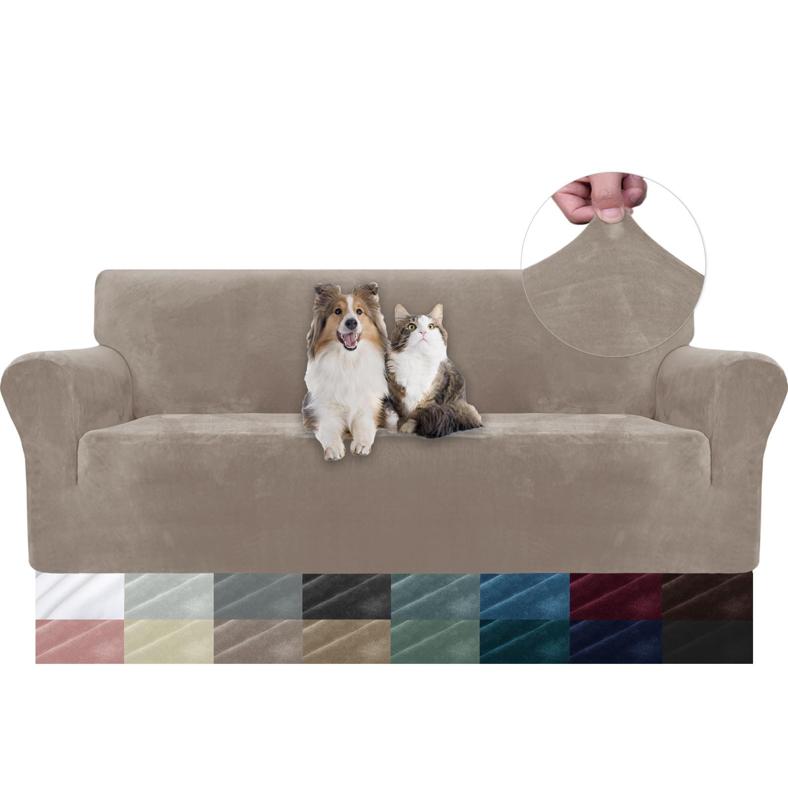 YSTELLAA Copridivano Velluto 3 Posti con Braccioli, Copridivani AntiGraffio Gatto, Fuzzy Copri Divano Elasticizzato Elastico, Universale Sofa Cover Antimacchia Lavabile Antiscivolo, Cachi