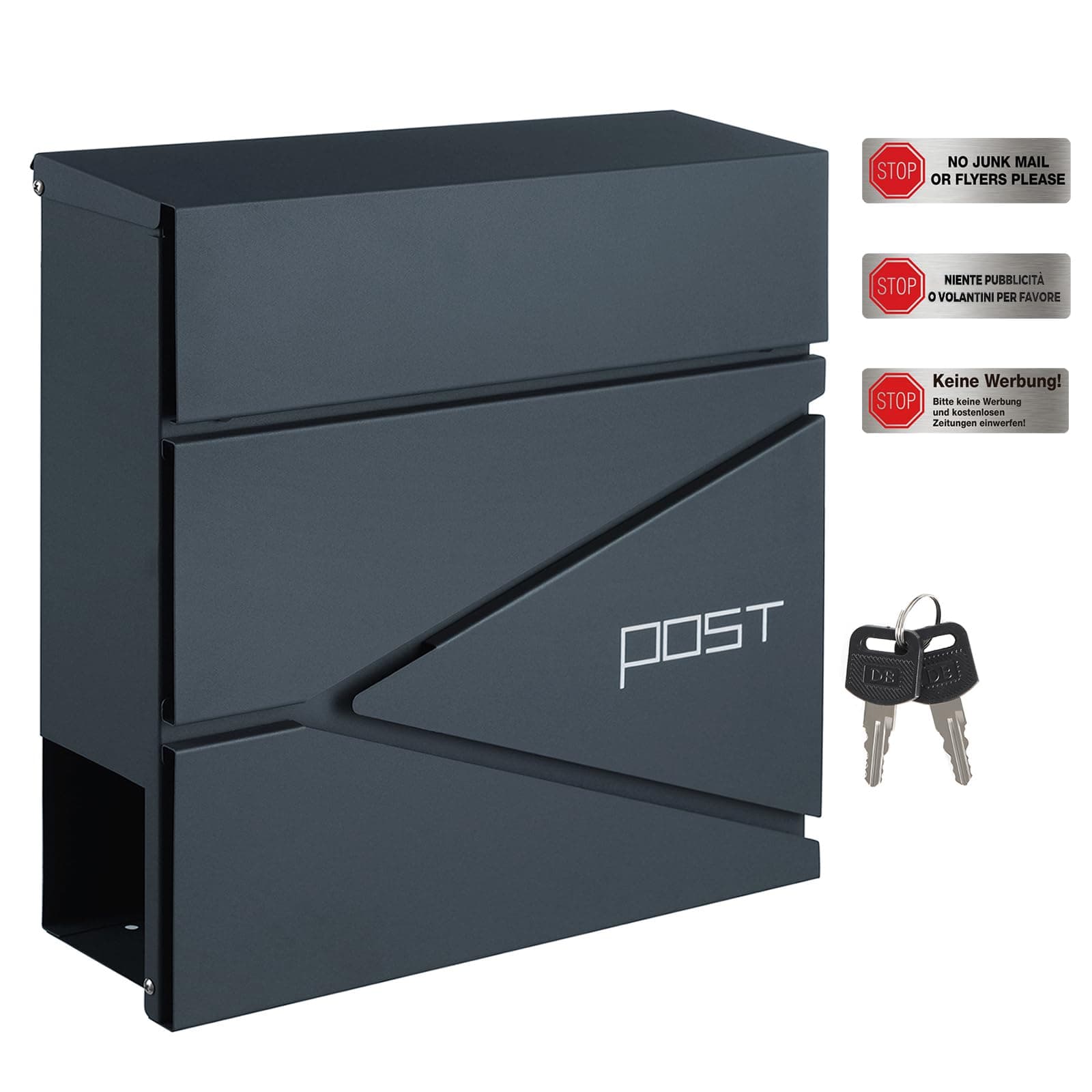 SONGMICS XXL Briefkasten, abschließbarer Wandbriefkasten, mit Zeitungsfach, einfache Montage, modern, anthrazit GMB051G02