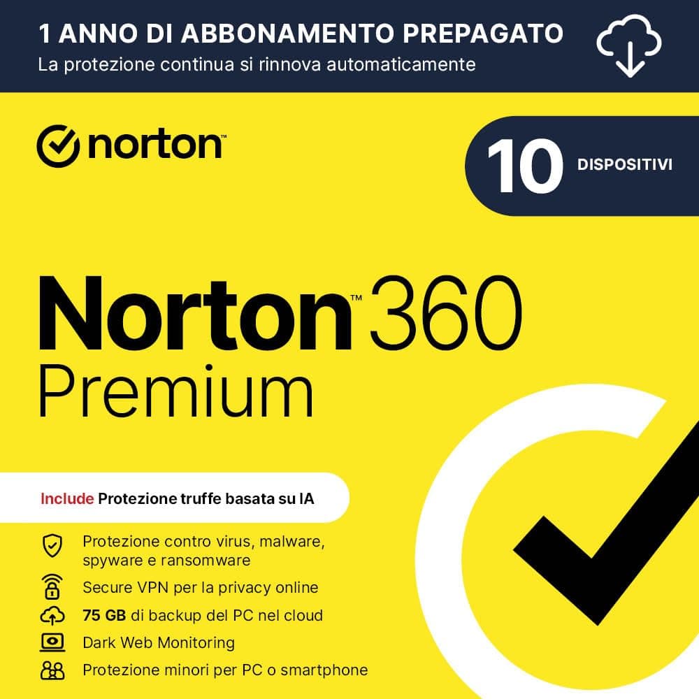 Norton 360 Premium 2026| Antivirus 10 dispositivi| 1 anno rinnovo automatico|Dgital Download