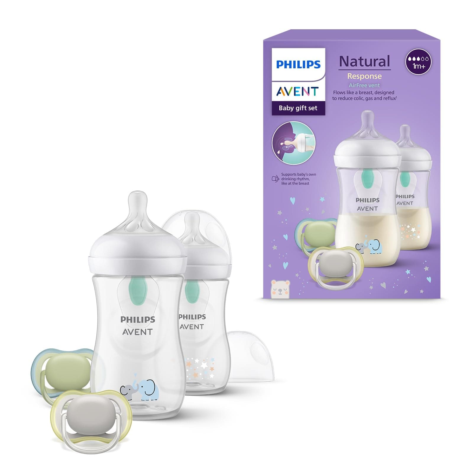 AVENT Natural Response Geschenkset für Babys: 2x Natural Response Flaschen mit AirFree Ventil 260 ml (ab 1 Monat), 2x ultra air Schnuller (0-6M) (Modell SCD657/12)