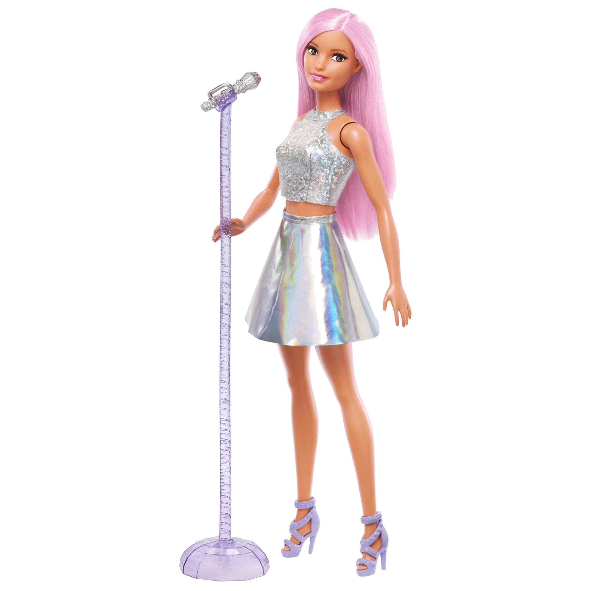 Barbie Carriere - Pop Star, bambola con top argentato e gonna irridescente, lunghi capelli rosa e scarpe viola, accessorio microfono incluso, giocattolo per bambini, 3+ anni, JCW42