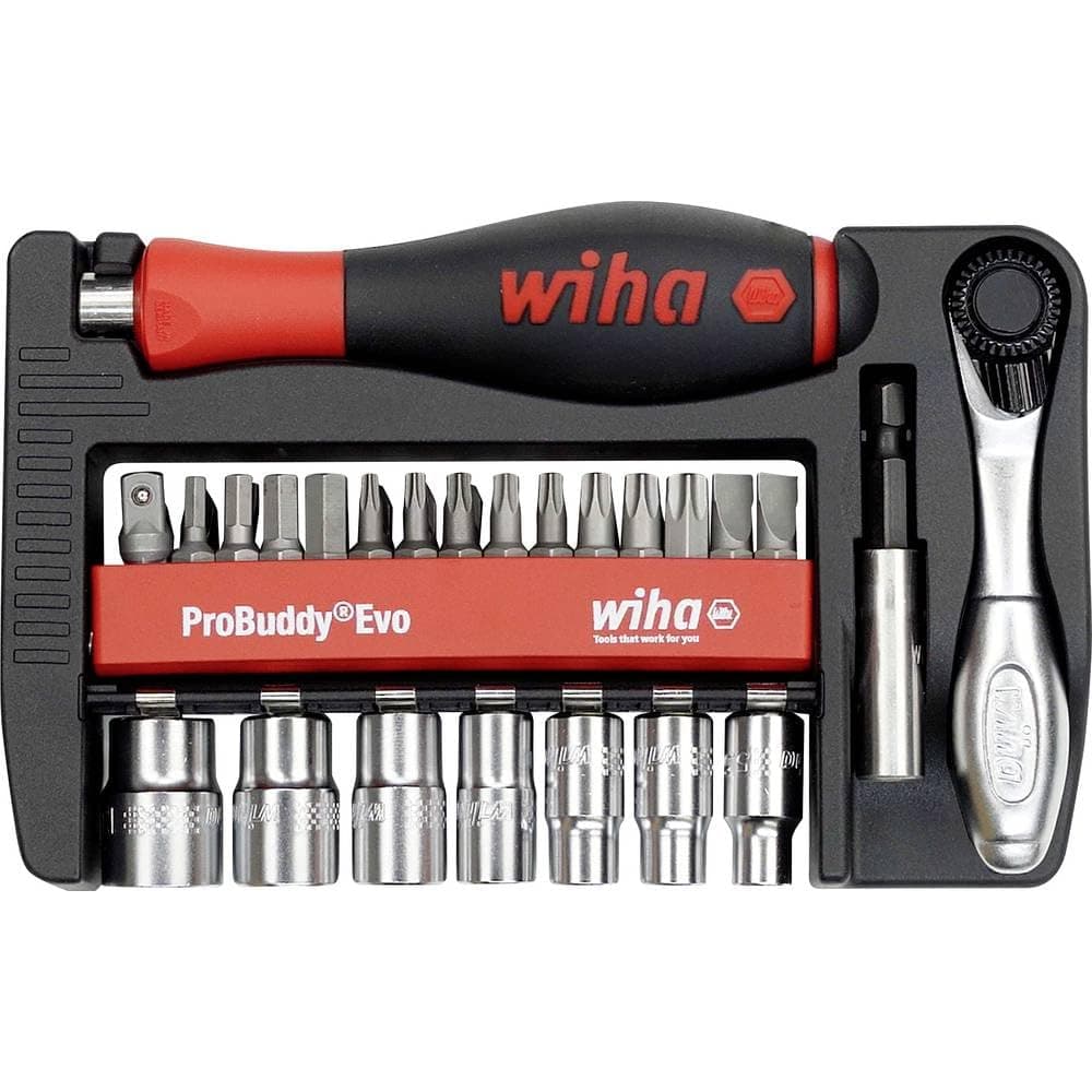 Wiha ProBuddy® Evo 40-tlg. Bit- & Steckschlüssel-Set 1/4" SoftFinish Schraubendrehergriff, Mini-Ratsche 72 Zähne, magnetischer Bithalter I Kompaktes Werkzeugset für Profi, Heimwerker, Fahrrad (46960)