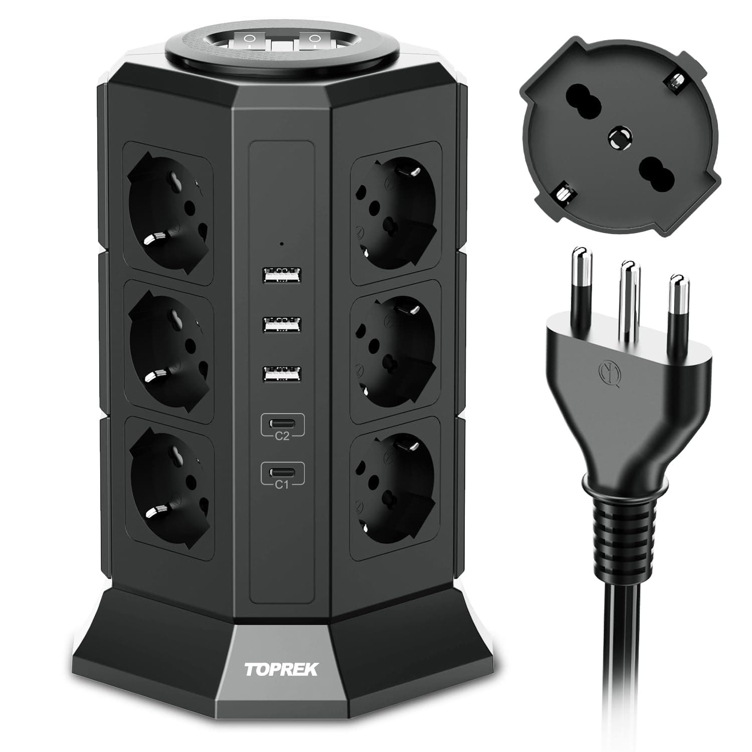 TOPREK Ciabatta Multipresa Verticale con 12 Prese Universali ITA 10/16A e Schuko e 2 USB C(20W PD3.0 Ricarica Rapida) e 3 USB A, Protezione Sovratensione, 4000W/16A, 2 Interruttore, 2M Cavo, Spina 16A