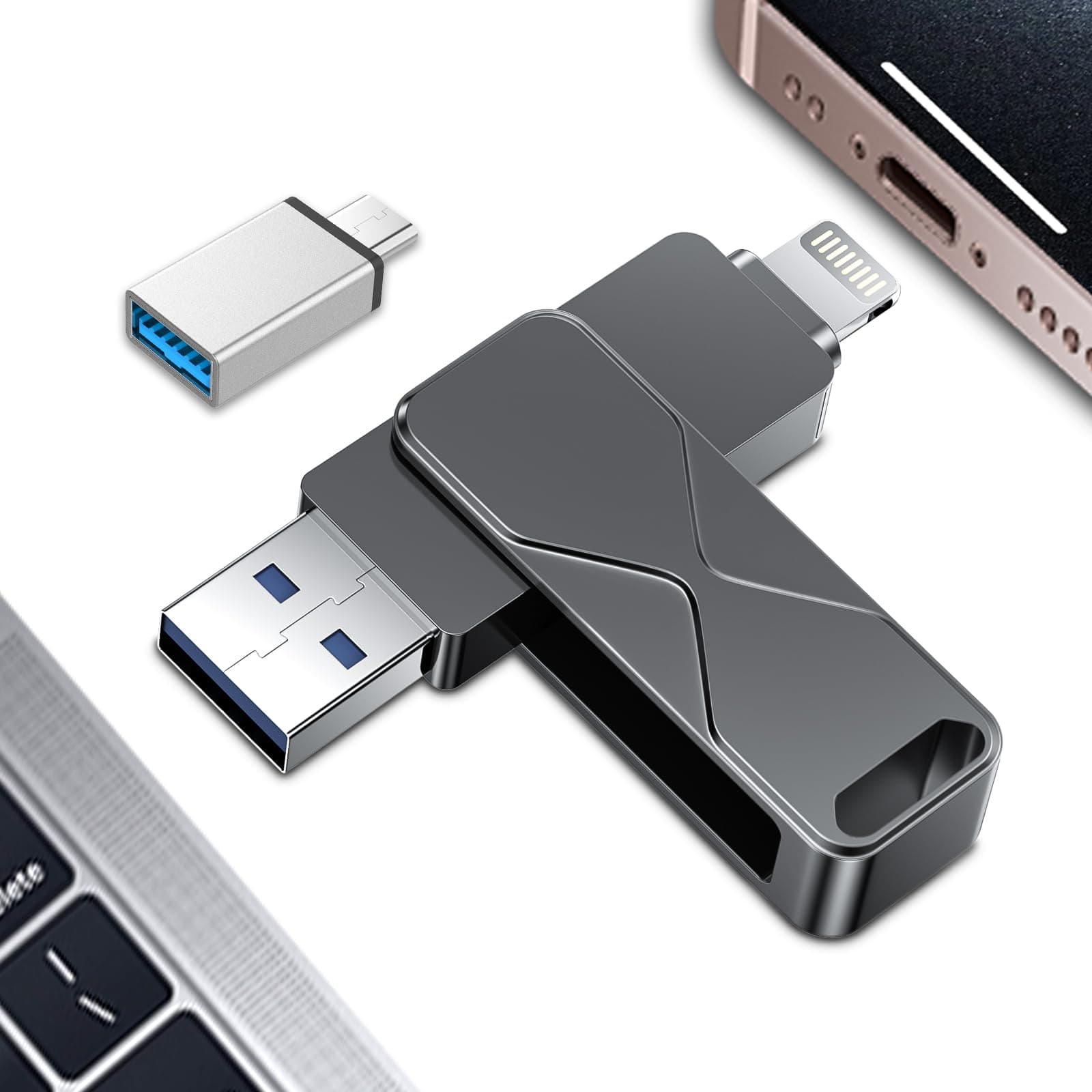 Memoria USB para iPhone 256 GB, Certificado MFi Lightning 3 en 1 Memoria Externa USB para iPhone iPad, iOS, Macbook, Android, PC (Negro)