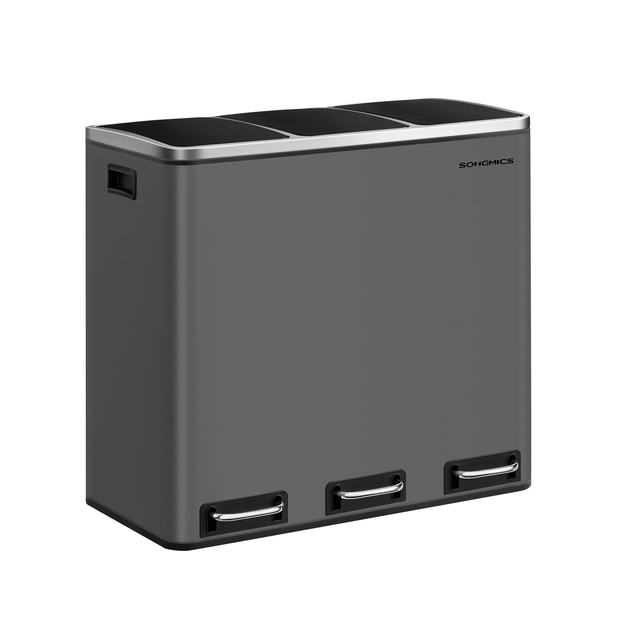 SONGMICS Cestino da Cucina, Pattumiera per Raccolta Differenziata 3 x 18L, 3 Scomparti per Riciclaggio, Coperchi a Chiusura Morbida, Pedali, Acciaio, Grigio Opaco LTB054G01