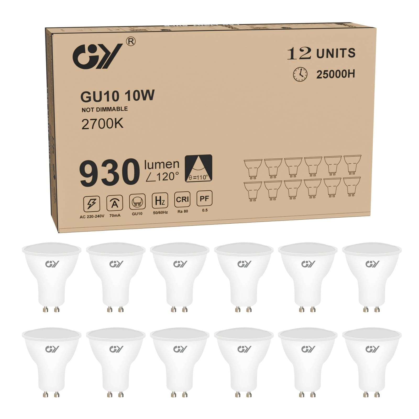 GY Bombillas LED GU10, 10W 930LM 2700K Blanco Calido, 110° Ángulo de haz, se pueden usar para iluminación de inundación amplia integrada, listada en CE, No regulable, 12 Unidad (Paquete de 1)