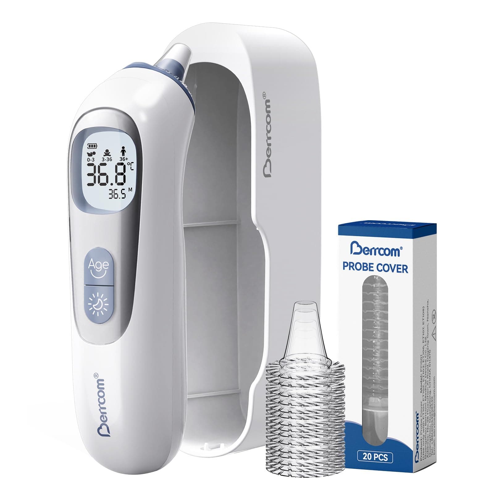 Berrcom Termometro auricolare ad alta precisione, termometro auricolare con tecnologia a sonda preriscaldata per adulti e bambini, guida alla temperatura per fasce d'età, lettura istantanea