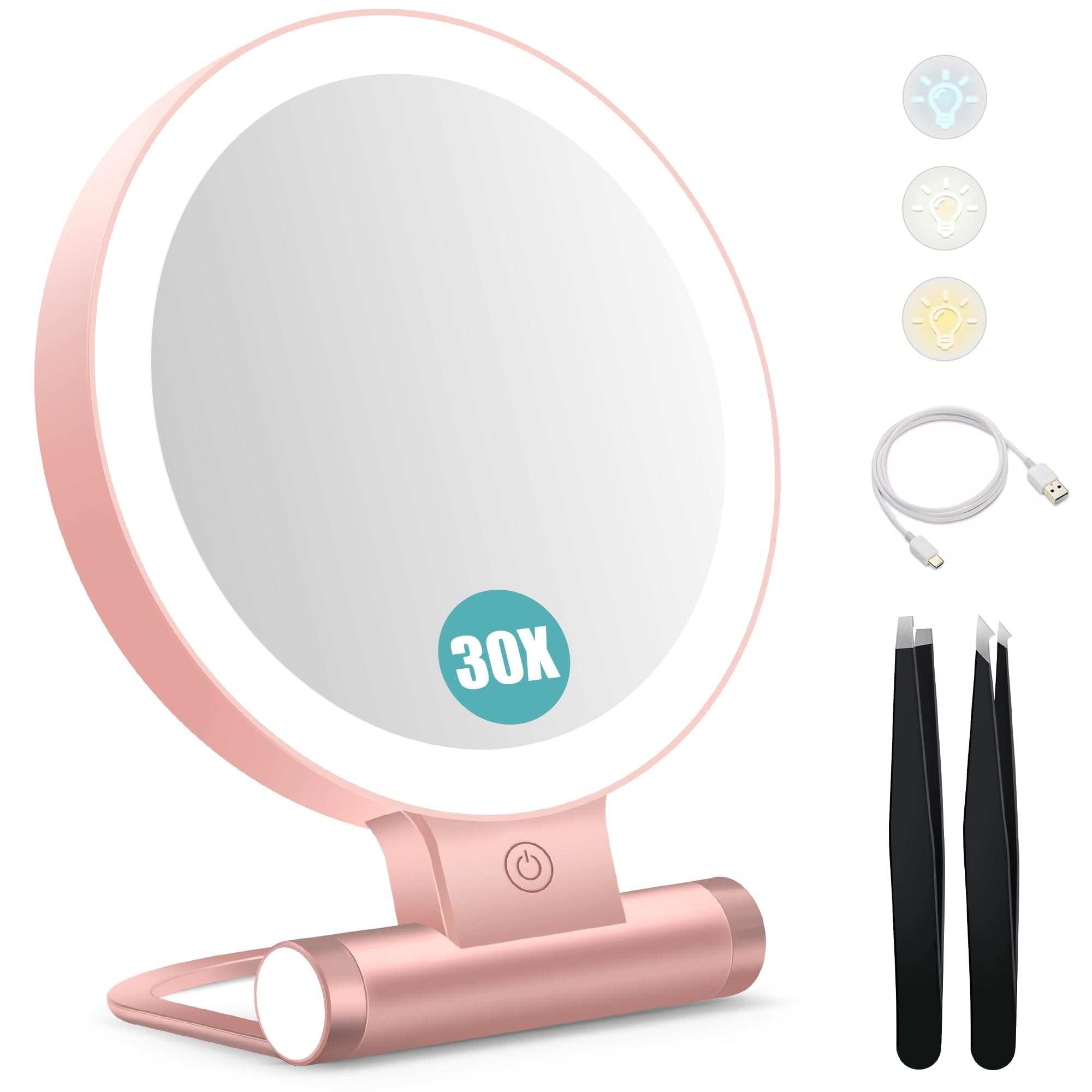 Miroir de maquillage avec éclairage, miroir grossissant double face 1X/30X avec lumière, 2000 mAh, 3 modes d'éclairage de couleur, luminosité réglable, pliable et compact, taille de voyage