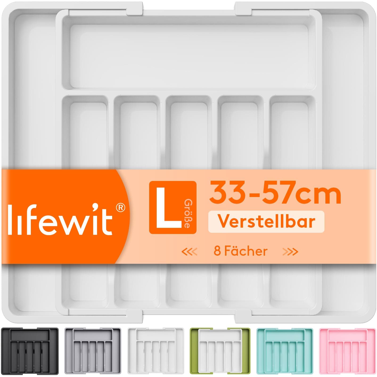 Lifewit Besteckkasten für Schubladen 40 50, verstellbarer Kunststoff Organizer Küche Tiefe 38 cm, Besteckeinsatz 6-8 Fächer, erweiterbar bis 57 cm, für Löffel, Gabeln und Geschirr, Weiß