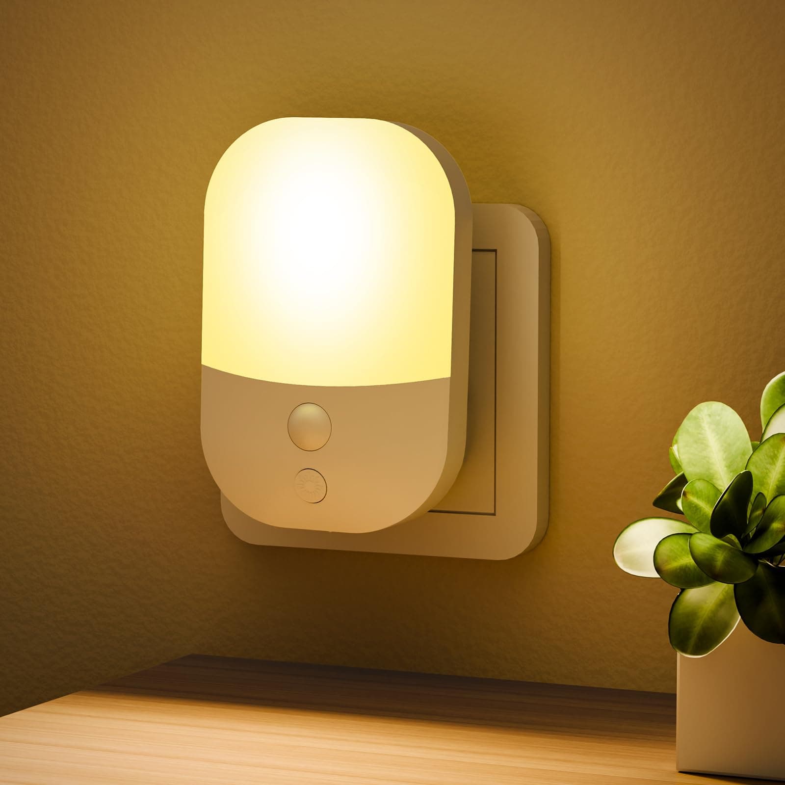 [1 Pieza] Luz Nocturna con Sensor Crepuscular, 5 Niveles de Brillo, ON/OFF/AUTO Modo de Iluminación, 3000K Blanca Cálida Luz Nocturna Infantil para Pasillos, Escaleras, Dormitorios, Cocinas, 0,3W