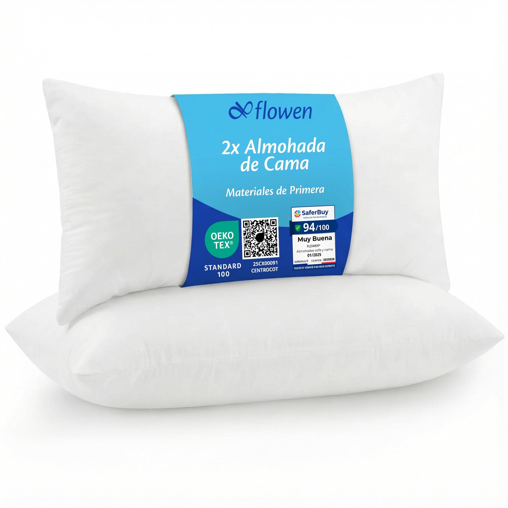 Flowen Almohadas para Cama 50x80 2 Unidades Relleno Cojin Hipoalergénico Antiácaros y Suave Rectangular para Hogar con Funda Exterior de Almohada Respirable en Poliéster Blanco