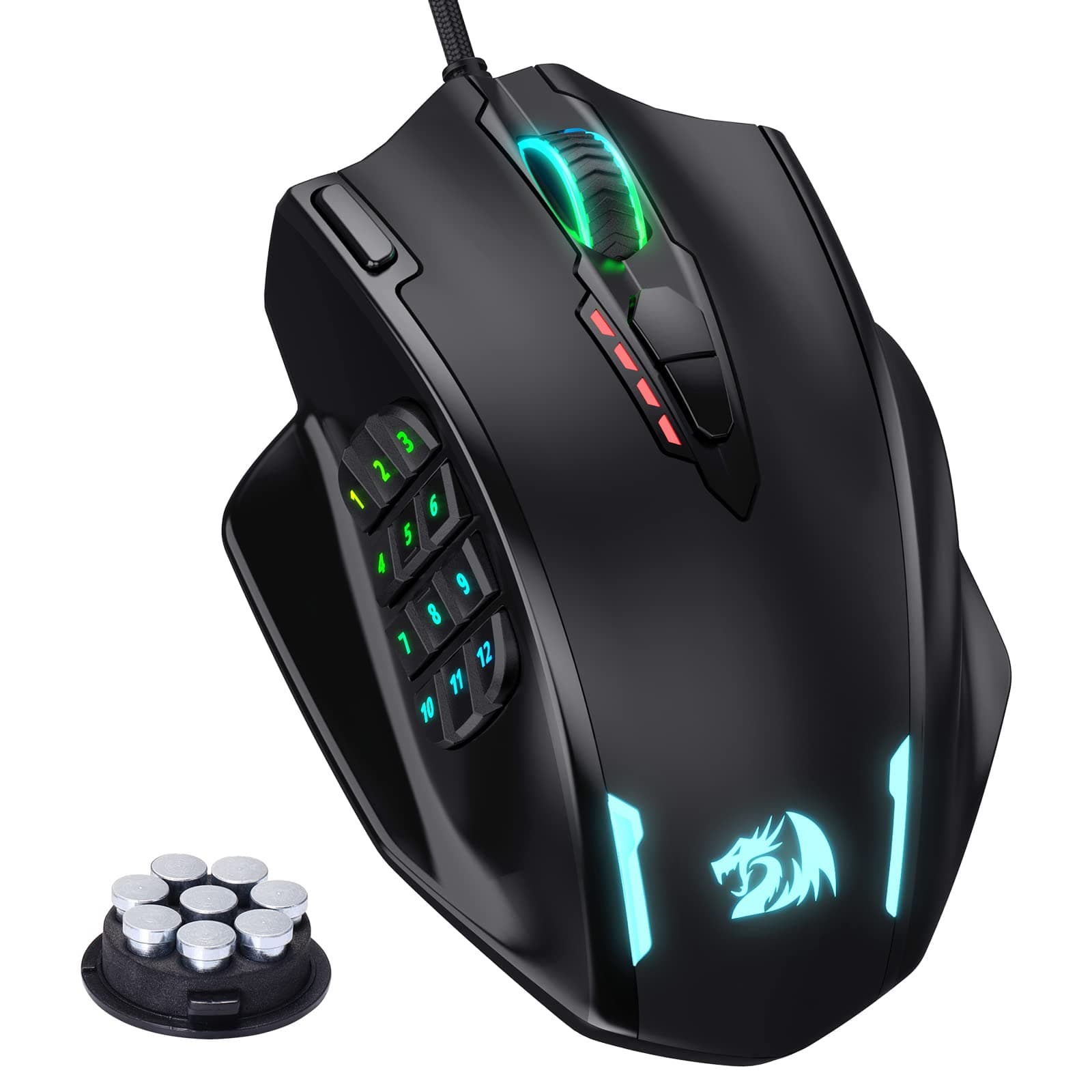 Redragon M908 Impact Ratón Gaming RGB LED MMO, Ratón Óptico Ergonomico Cableado con 12 Botones Laterales, Máximo 12,400 dpi, Alta Precisión, 18 Atajos Macro Programables, Agarre Cómodo