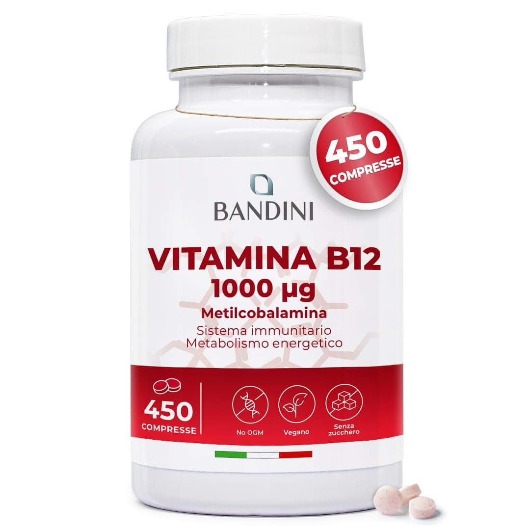 Bandini® Vitamina B12 450 Vegan (Scorta +14 Mesi), Metilcobalamina 1000µg, Compresse Vegane al 100%, Vitamine B 12 per il Sistema Immunitario, Vit B Metabolismo energetico, Stanchezza Fisica e Mentale