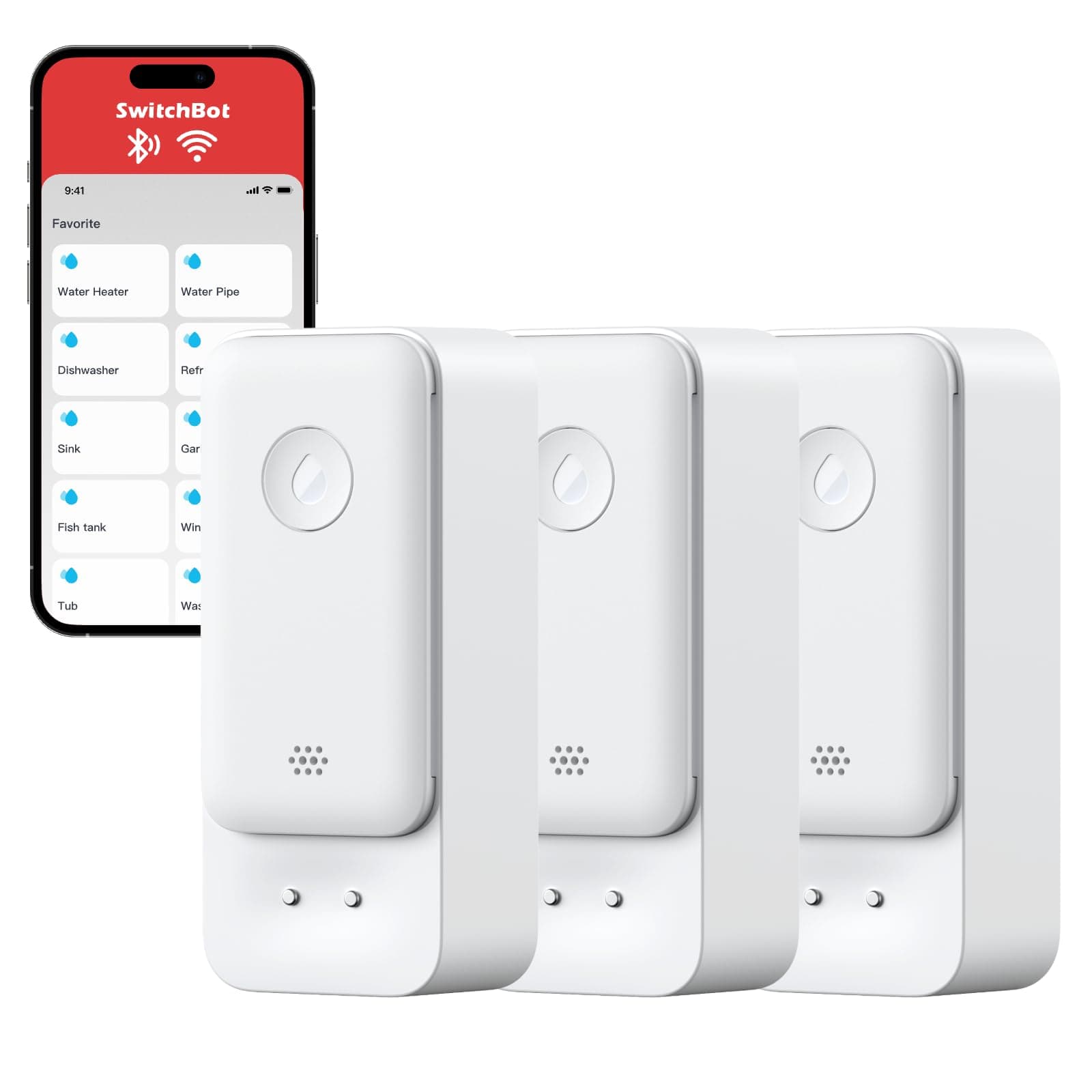 SwitchBot WLAN Wassermelder kein Hub erforderlich(nur 2.4G), Smart Wassersensor 3er Pack 100dB Einstellbarer Alarm&App-Benachrichtigung, IP67 wasserdicht, Wasserleck-Detektor für Küche, Bad, Keller