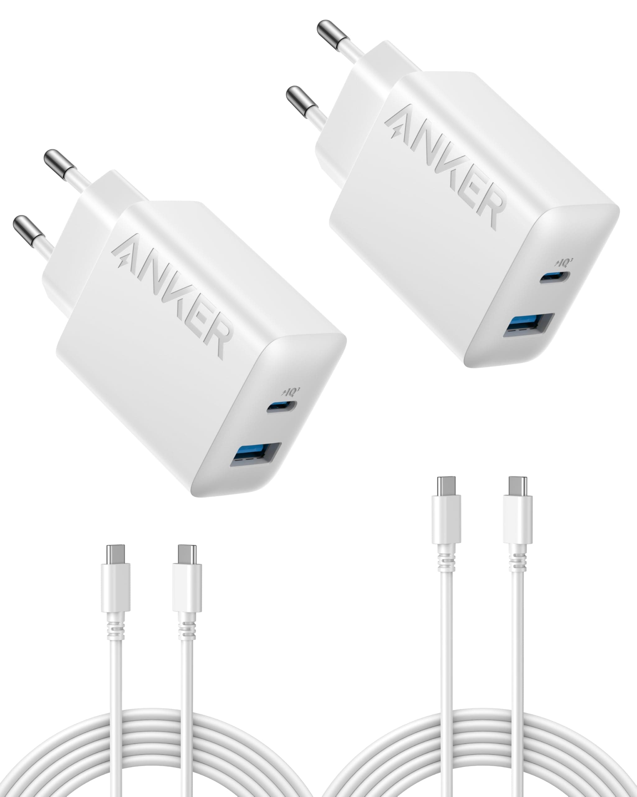 Anker 20W USB C Ladegerät, iPad Netzteil, USB-Schnellladenetzteil, iPad Ladegerät, Kompatibel mit iPhone 17/16/15 Series (2X 1,5m USB C Kabel inkl.)