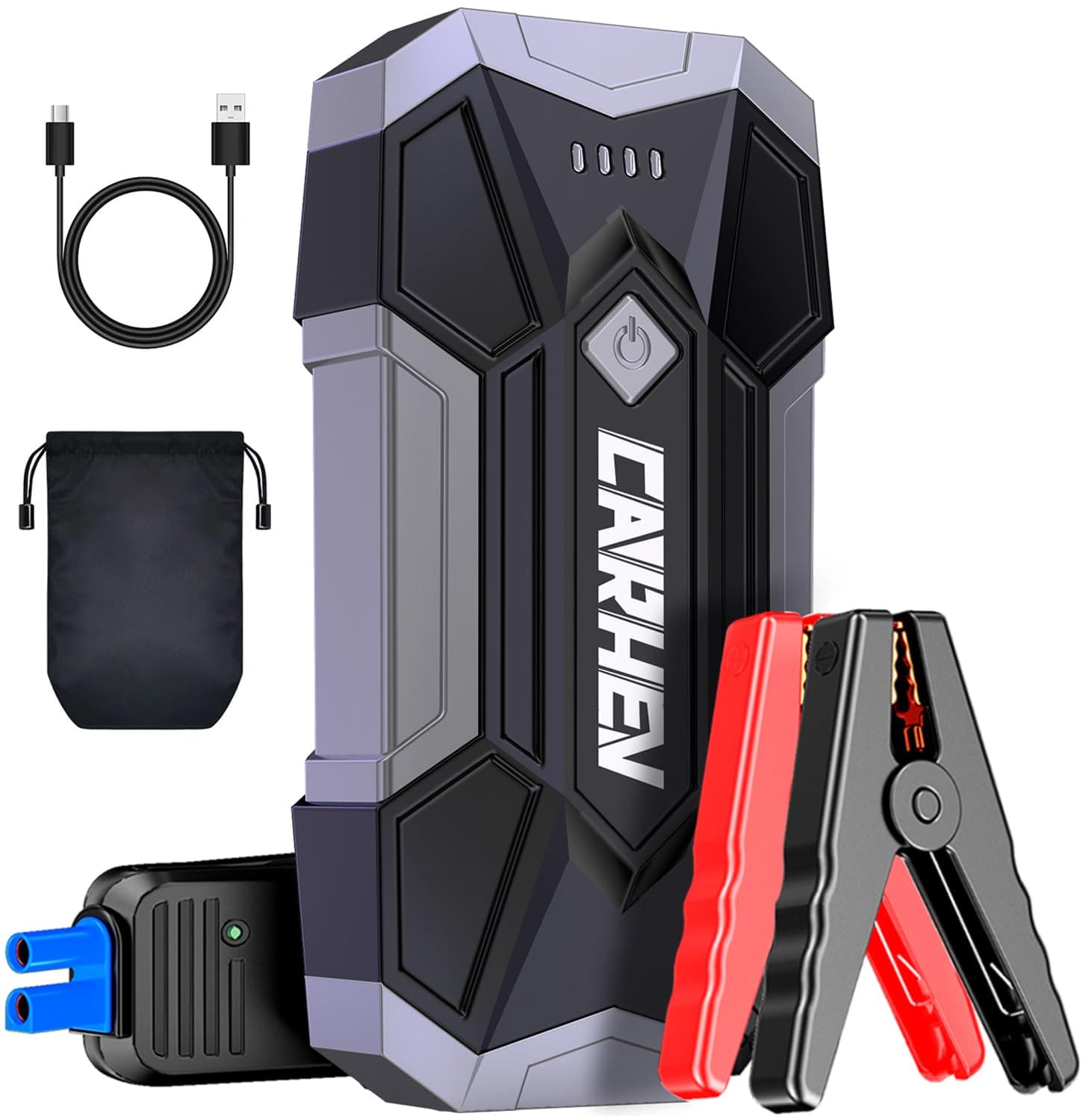 CARHEV Arrancador de Coche 4500A, Arrancador de Bateria de Coche Portátil (hasta 8,0L de Gas o 8,0L de Diésel), 12V Car Jump Starter con Linterna LED y Pinzas bateria Coches