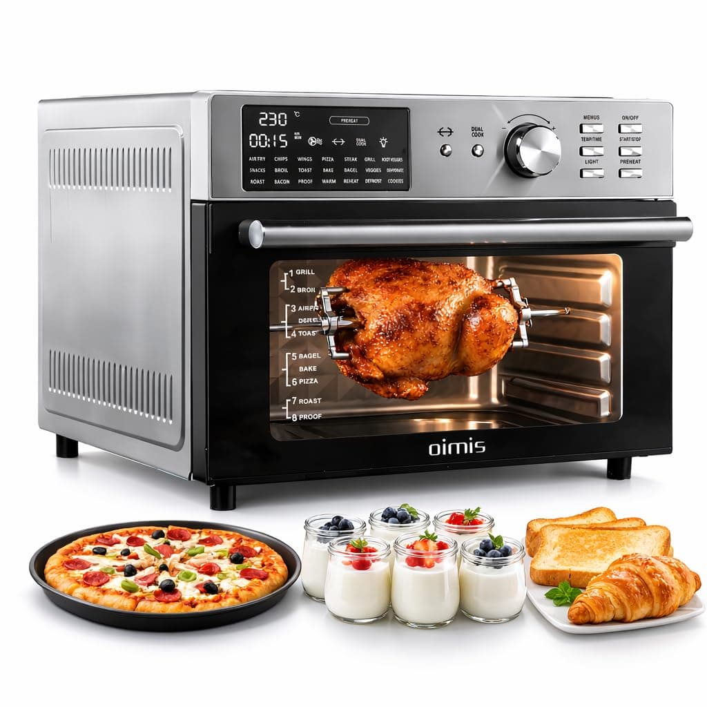 Friggitrice ad Aria Calda 30°C-230°C, 1800w Air Fryer oven per famiglia, 21 in 1 Forno con girarrosto, Airfryer grande per pollo arrosto, Yogurtiera, Forno per Pizza, Tostapane, Argento