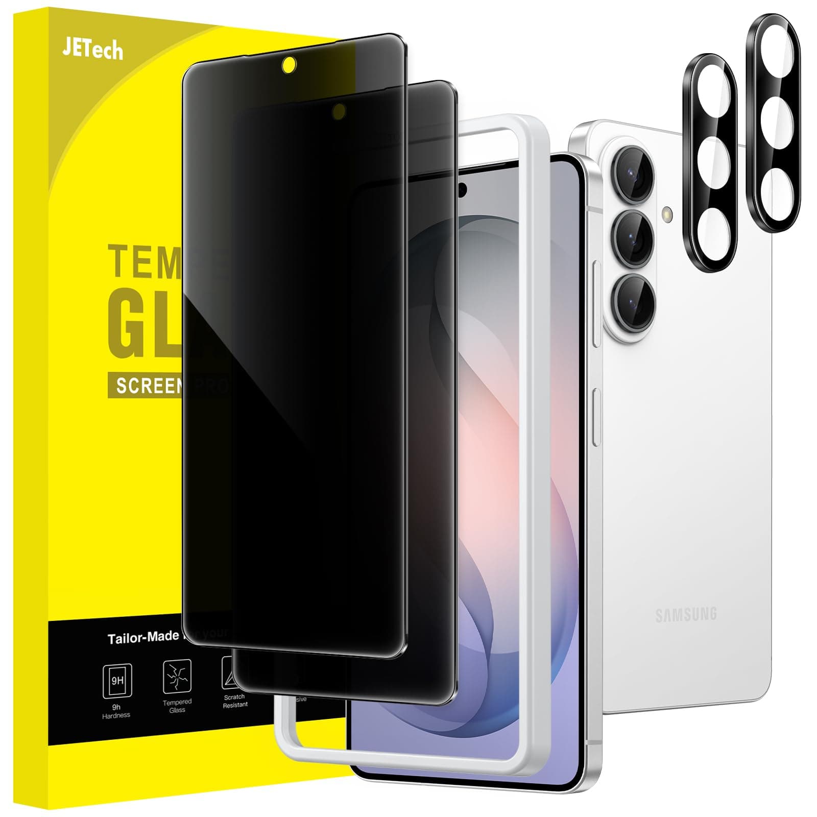 JETech Sichtschutz für Samsung Galaxy S26 mit Kameraschutz, Anti-Spy Gehärtete Glas Schutzfolie, Einfache Installationswerkzeug, Fingerabdruck ID Kompatibel, 2 Stück Jeweils