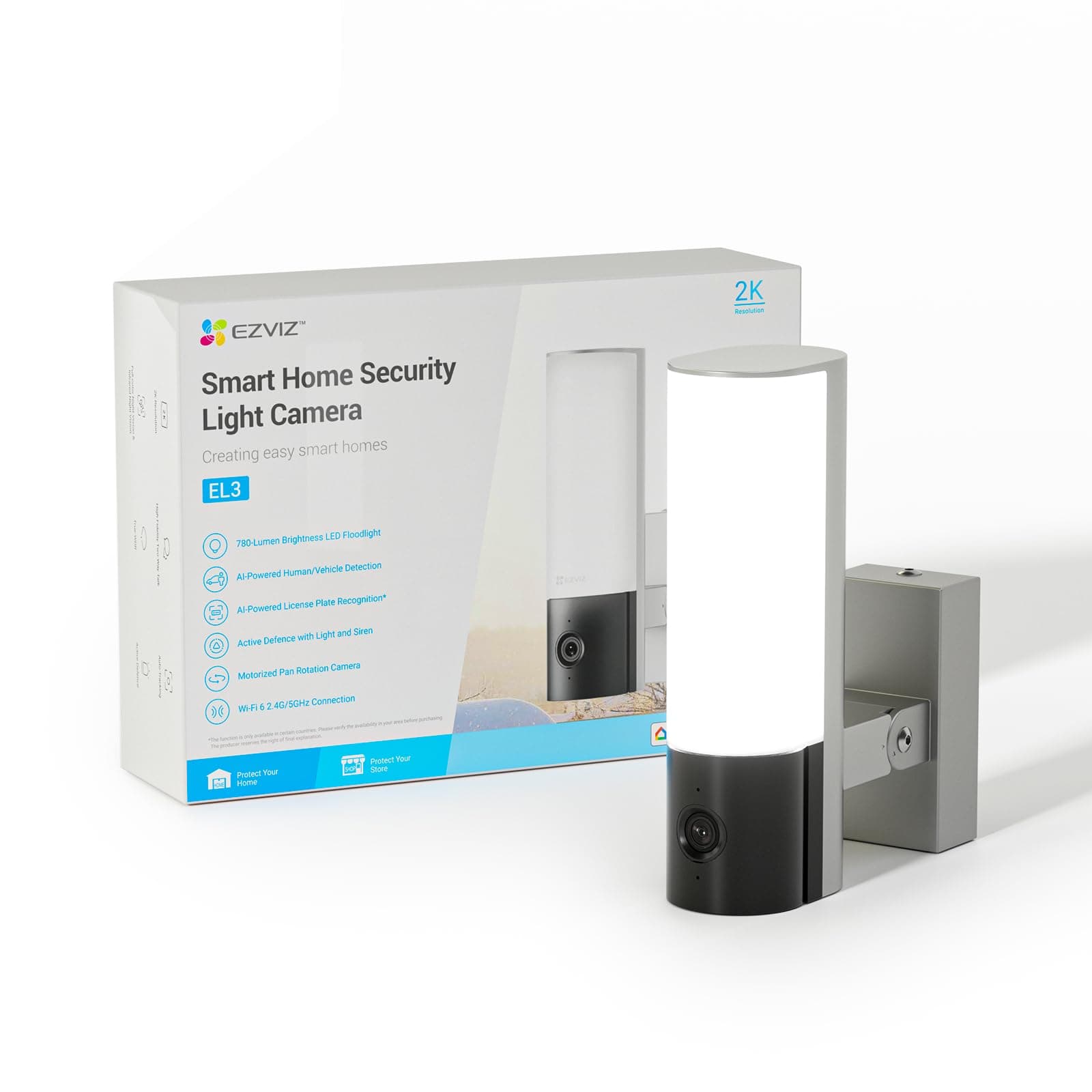 EZVIZ EL3 Caméra Extérieure WiFi 2K avec Projecteur, Luminosité de 780 lumens, Audio Bidirectionnel et Défense Active, Détection de Personnes et de Véhicules par l'IA, Vision Nocturne Couleur