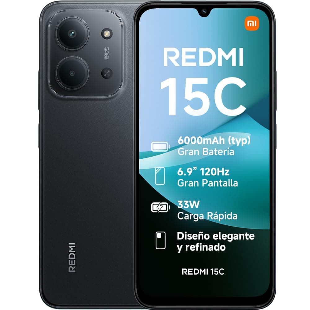 XIAOMI Redmi 15C - Smartphone de 4+128GB, Cámara Dual con IA de 50 MP, Pantalla inmersiva de 6,9" 120 Hz, Potente procesador octacore, Carga rápida de 33W, Cargador no Incluido, Negro (Versión ES)