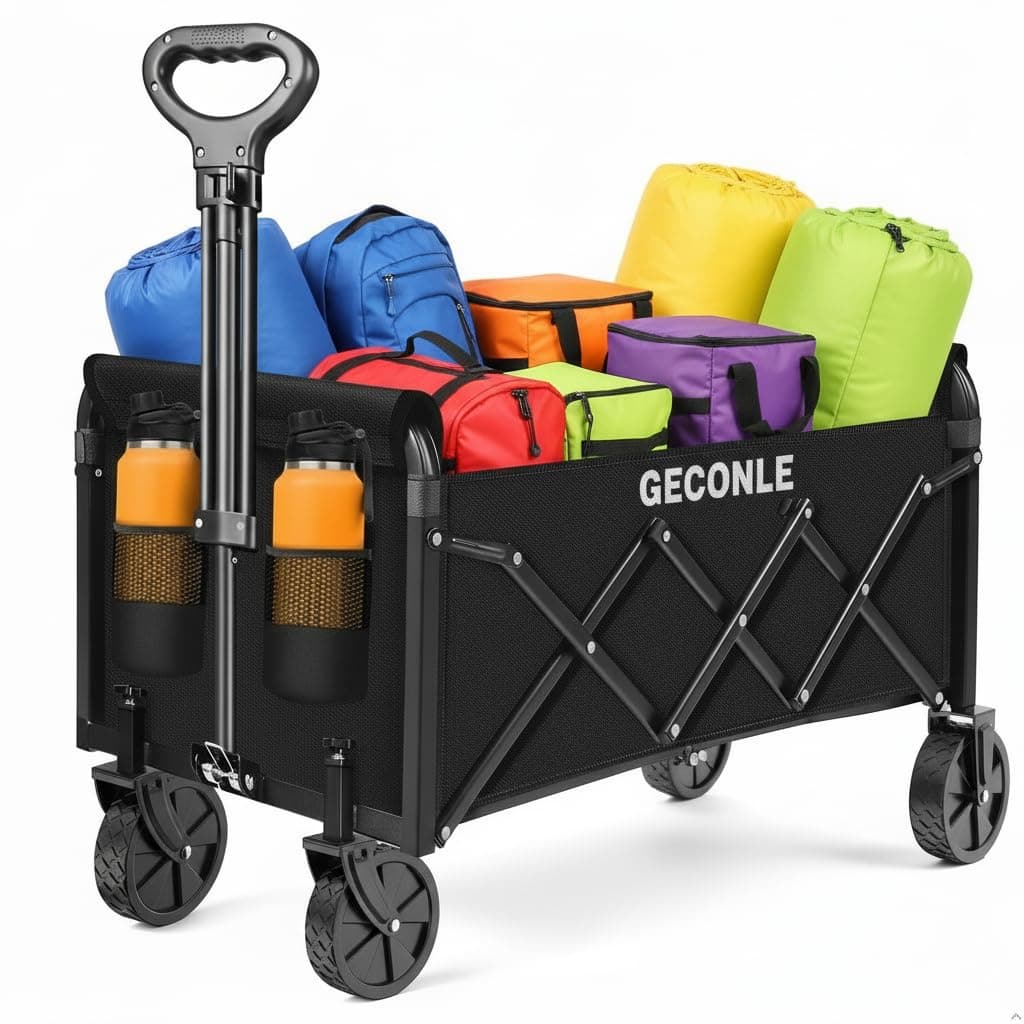 Carrello Pieghevole su Ruote, 100L 100KG Carrello Trasporto Con Ruote Rimovibili Braccioli Regolabili e Sacchetti per Tazze, Trasportatore da Picnic per Festival Shopping Campeggio Giardino