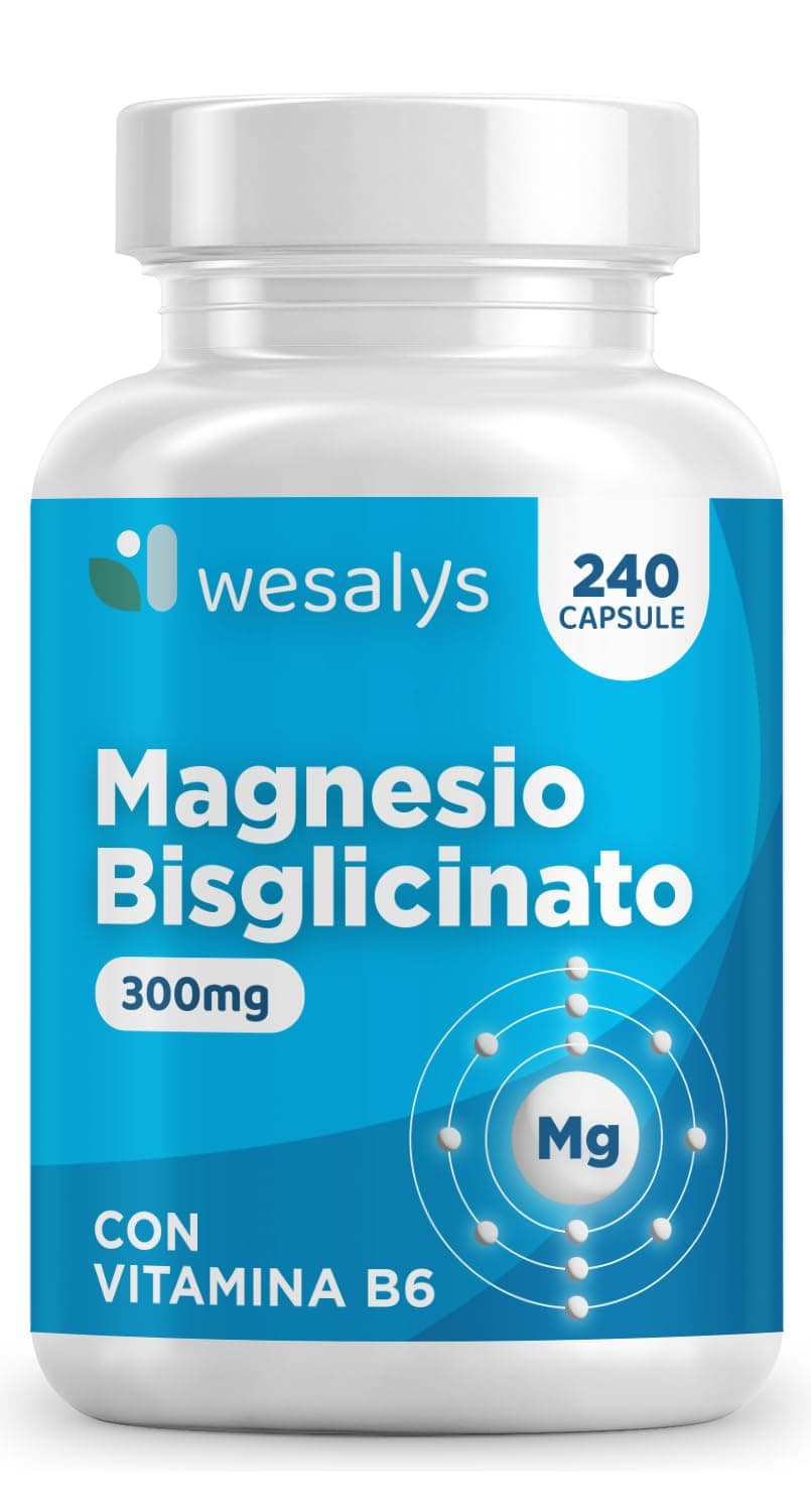 Magnesio Bisglicinato 240 Capsule (fino a 4 mesi) I Forma Chelata I Magnesio glicinato. Con Vitamina B6, Organico, Magnesium glycinate, Integratore Muscoli, Sistema Nervoso, Stress, Ossa. Wesalys