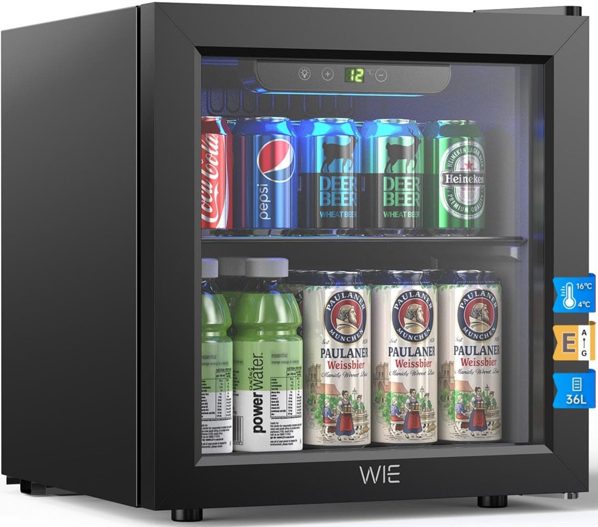 WIE Nevera para Bebidas 36L, Mini Frigorífico Expositor 55 Latas con Puerta de Cristal, Compresor 4-16°C, No Frost, 43dB Silencioso, LED, Frigorífico Pequeño para Hogar, Oficina y Bar