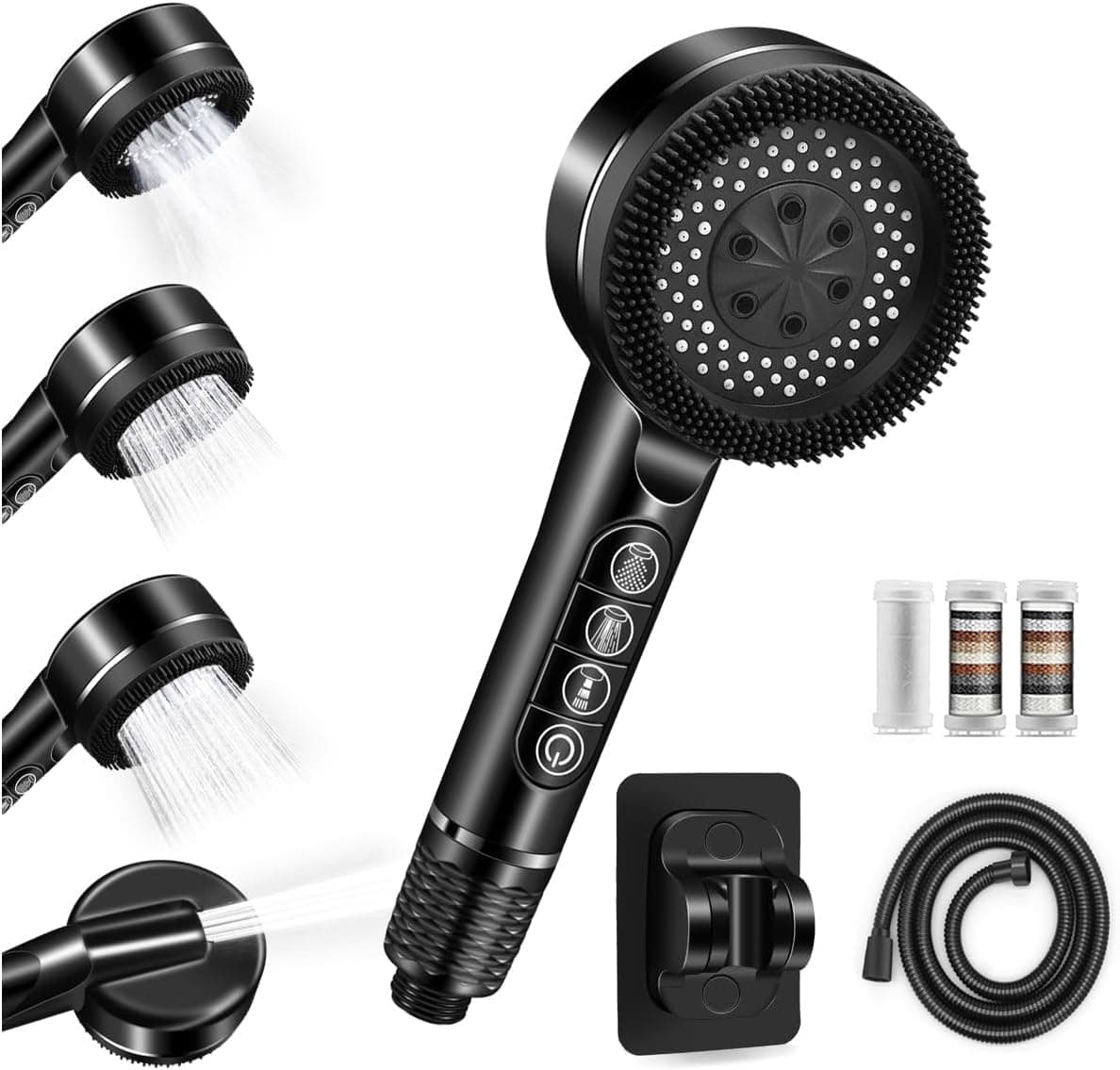 Alcachofa de Ducha con Filtro, Filtro Cabezal de Ducha con Manguera de 1.5M y soporte, Alcachofa Ducha Antical 4 Modos de Chorro Cabezal Ducha de Alta Presión con botón de ON/OFF para Agua Dura,Negro