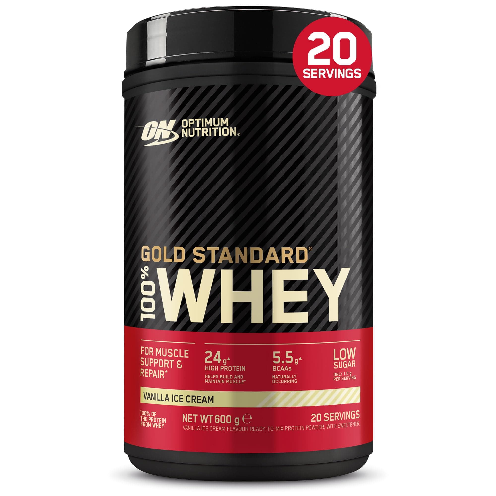 Optimum Nutrition Gold Standard 100% Whey, Proteína en Polvo, Sabor Helado de Vainilla, 600g, 20 Servicios