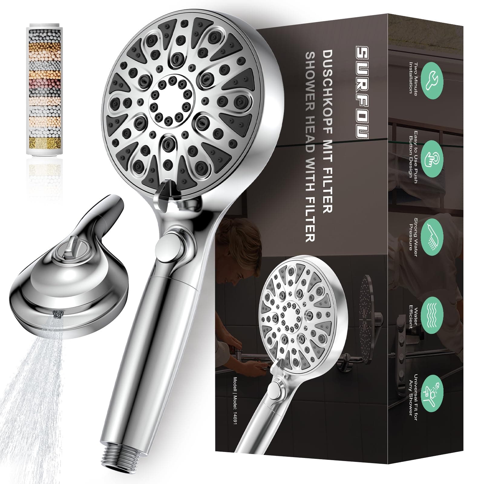 SURFOU Pommeau de Douche avec Filtre, 8+2 Jet Economie Paumeau, Douchette Haute Pression, Anti-calcaire Shower Head Pommes Economiseur Douches Filtrante Reglable Bain