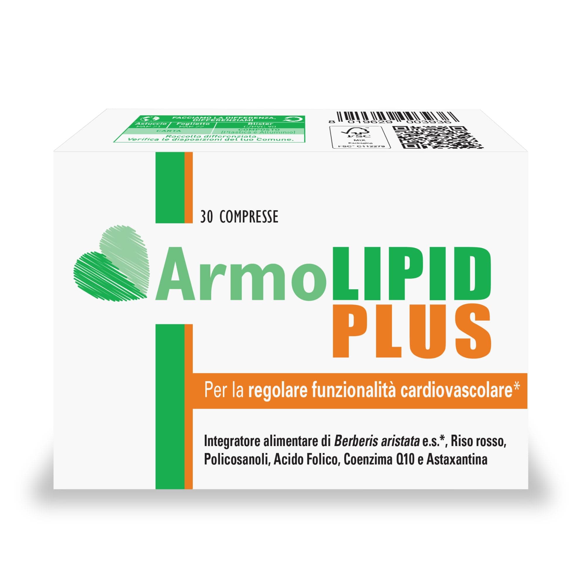 Armolipid Plus 30 Compresse, Integratore Alimentare con Berberis Aristata, Riso Rosso Fermentato, Acido Folico, Policosanoli, Coenzima Q10 e Astaxantina