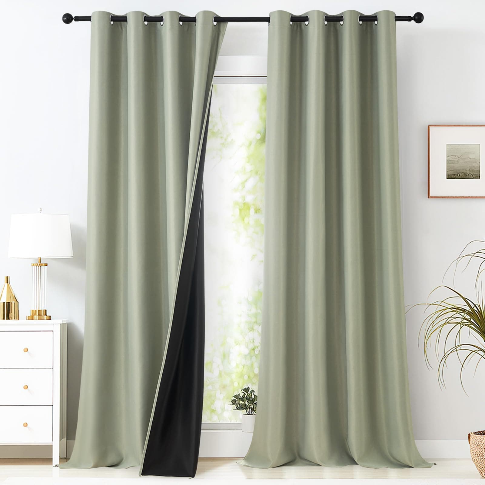 MRTREES Rideaux Occultant Vert Sauge 140(L) x280(H) cm 100% Opaque Anti-UV Rideau Anti Froid Isolantion Thermique à Oeillets Anti Bruit Tissu Lourd pour Salon Séjour, Lot de 2