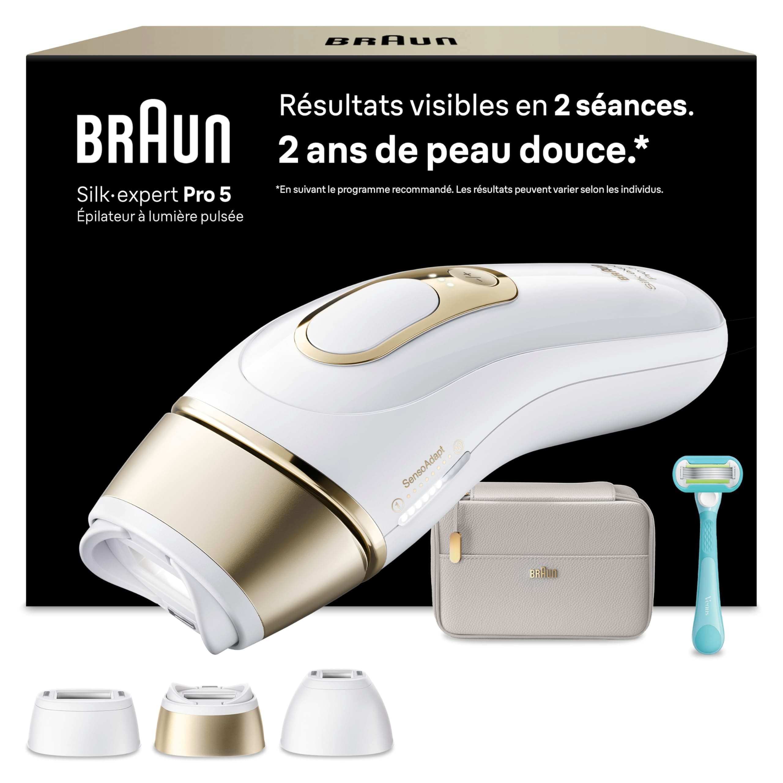 Braun Epilateur Lumiere Pulsee Smart Silk·expert Pro 5, Alternative Au Laser A Domicile, Réduction Semi-Définitive Des Poils, Avec Pochette, Rasoir Femme Gillette Venus, 3 Têtes, PL5311
