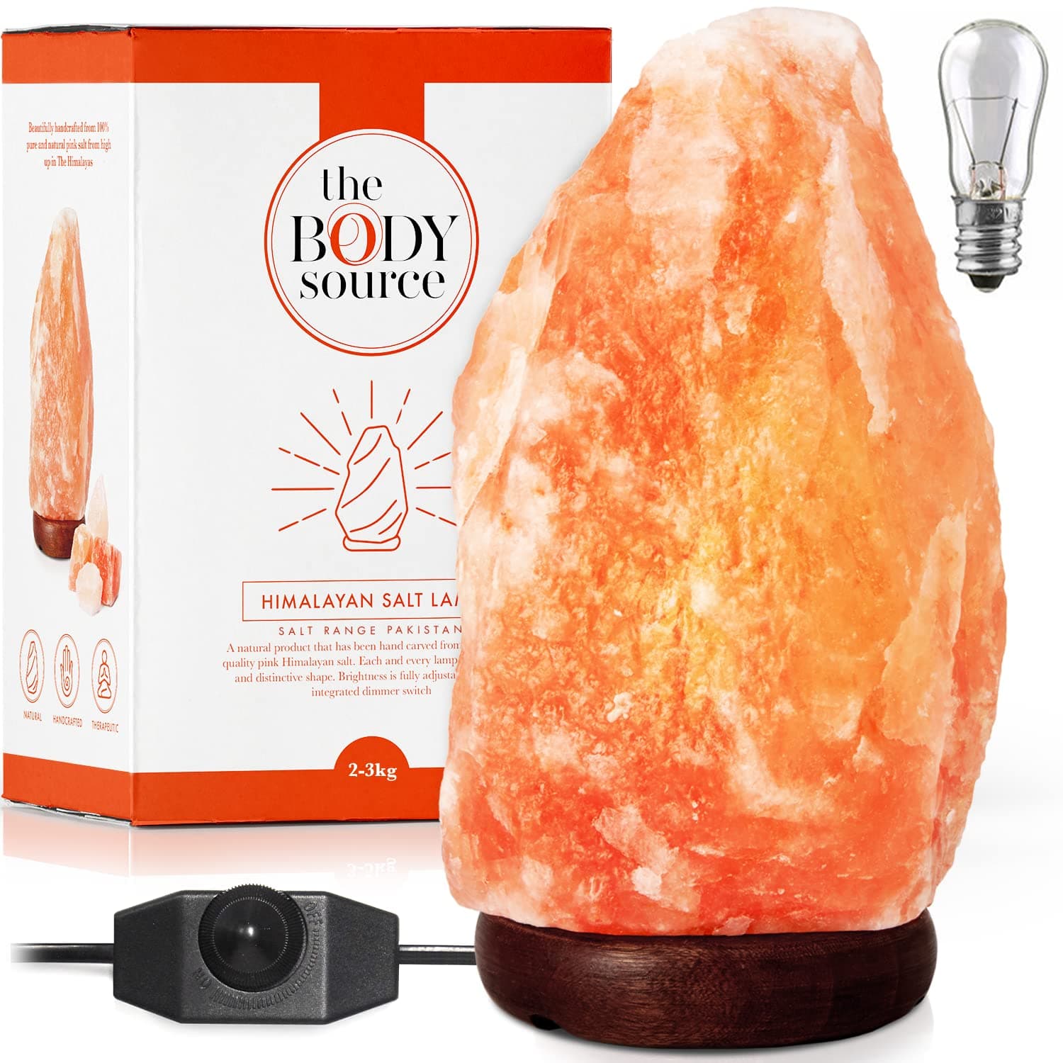 The Body Source Lámpara de Sal del Himalaya (2-3 KG) con Regulador de Intensidad - 100% Natural y Hecha a Mano con Base de Madera + Bombilla de Repuesto Incluida