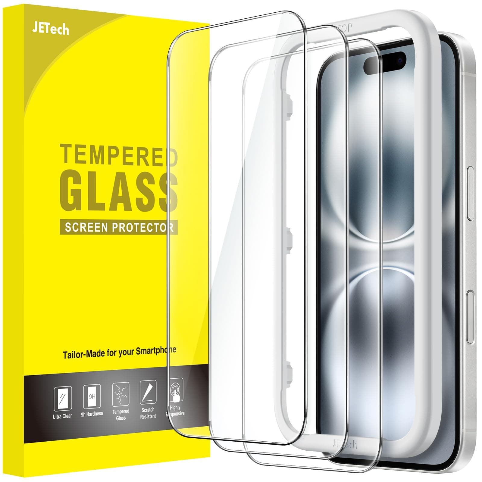 JETech Protector de Pantalla para iPhone 16 6,1 Pulgadas, Cristal Vidrio Templado con Marco de Instalación Fácil, Amigable para Funda, HD Transparente, 3 Unidades