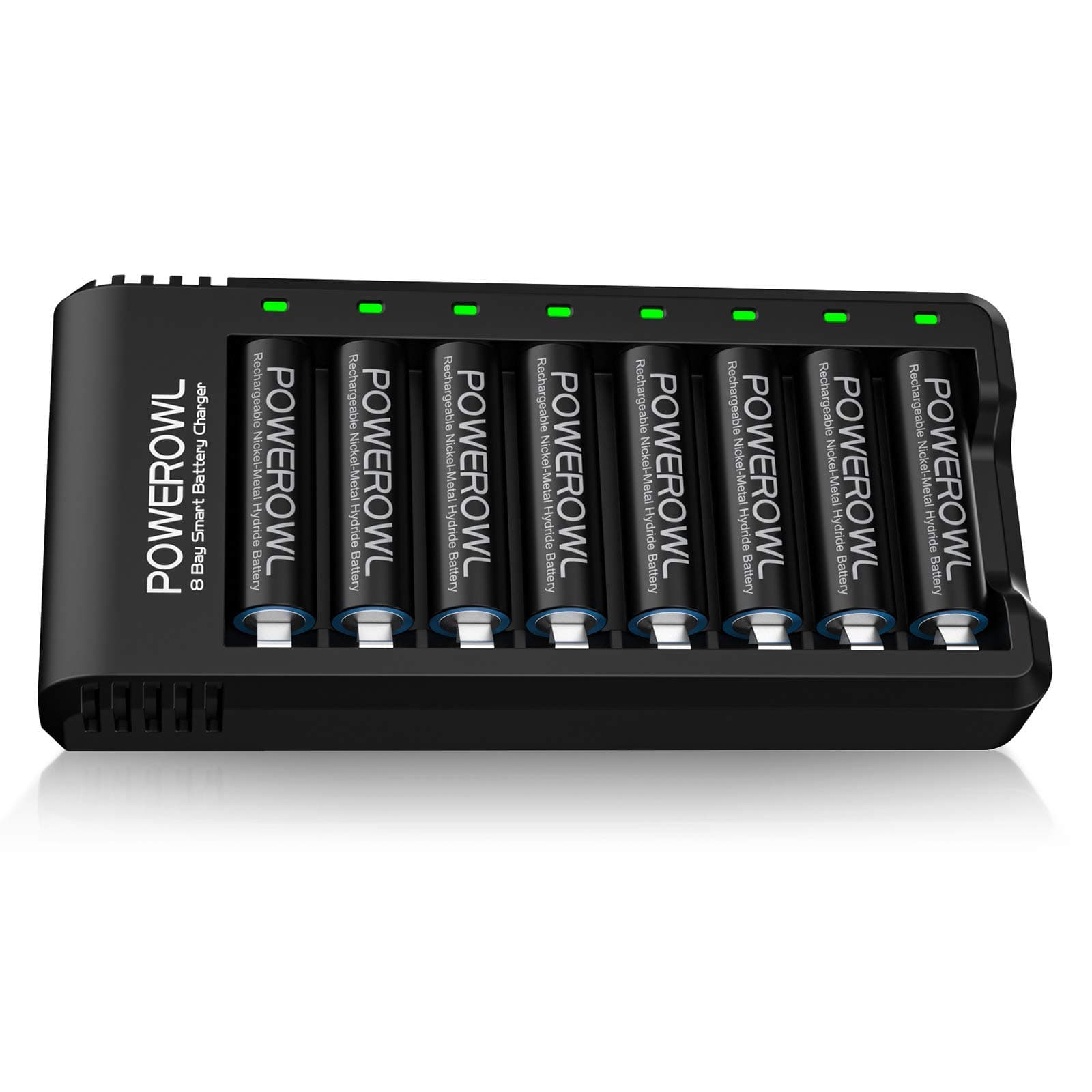 POWEROWL Cargador de Pilas AA, AAA con 8 Unidades de AA 2800mAh Ni-MH Pilas Recargables con Luces LED(Carga rápida USB, Ranura Independiente)