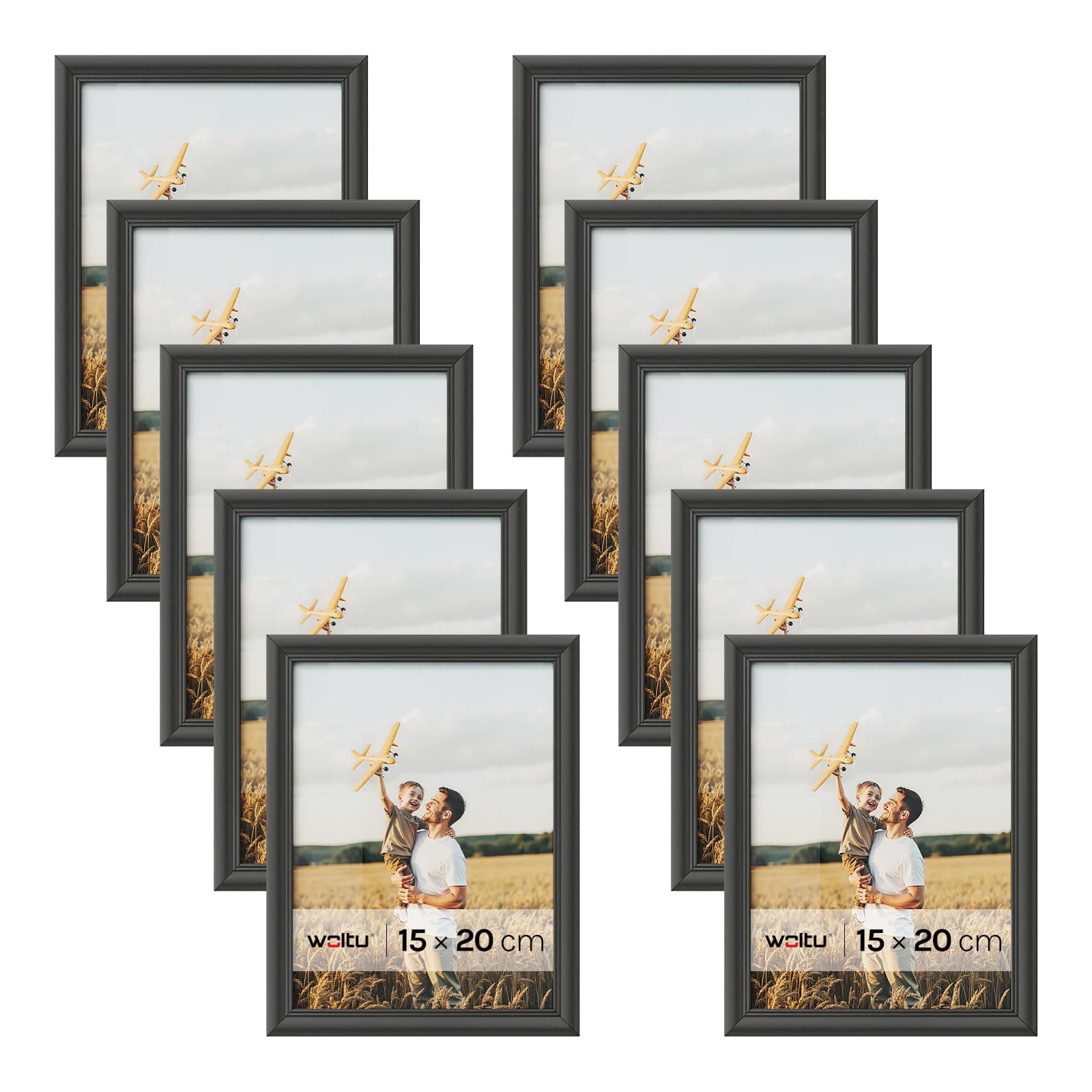 WOLTU Bilderrahmen 15x20cm 10er Set Fotorahmen Holzrahmen mit Passepartout, zum vertikalen oder horizontalen Aufhängen/Aufstellen, Posterrahmen Collage Wanddeko, Schwarz