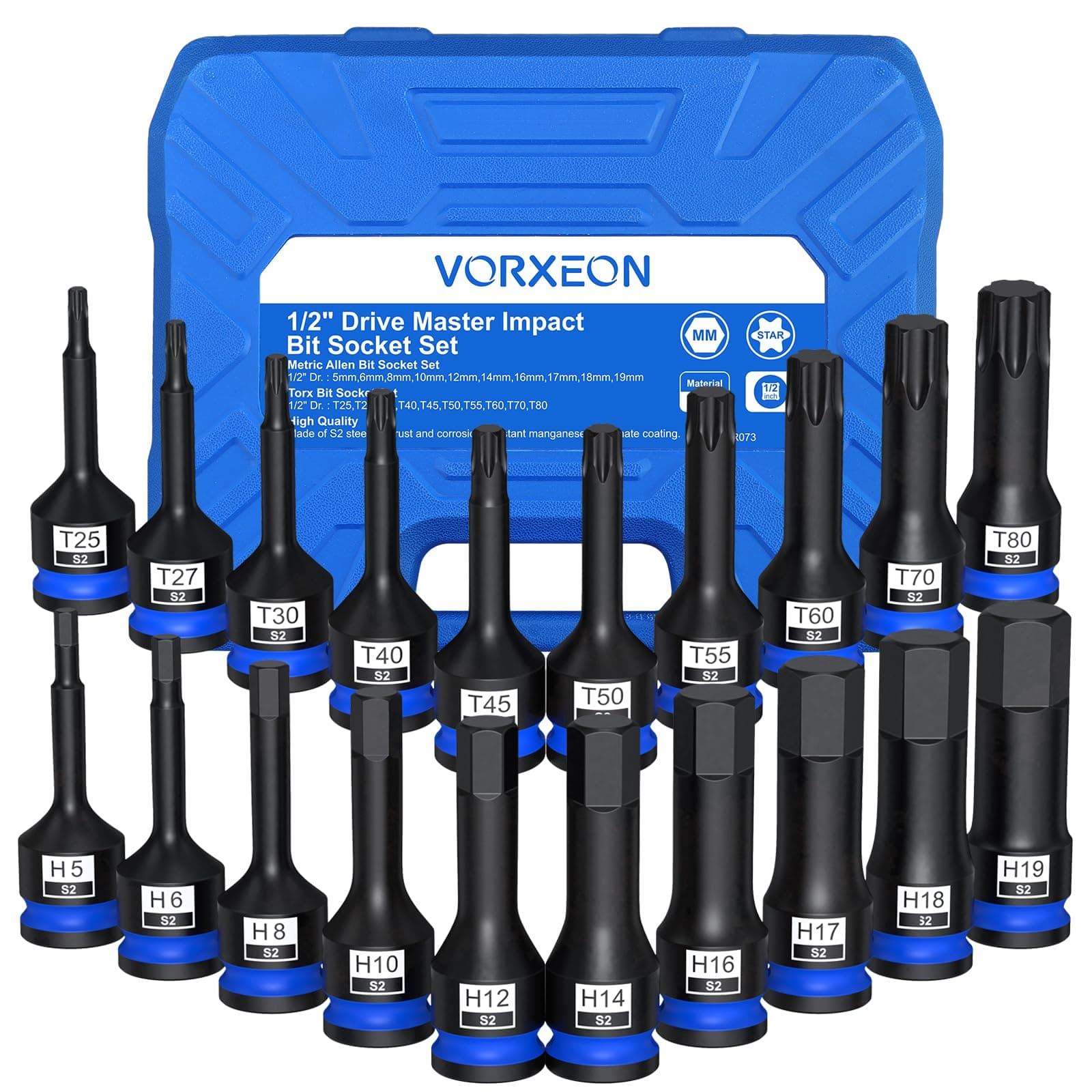 VORXEON Jeu de Embout TORX + ALLEN 20PCS Douilles à Choc 1/2 en Acier S2 Hexagone Métrique 5-19mm/Torx T25-T80 avec Système Anti-Chute Pour Mécaniciens Professionnels et Amateurs de Bricolage