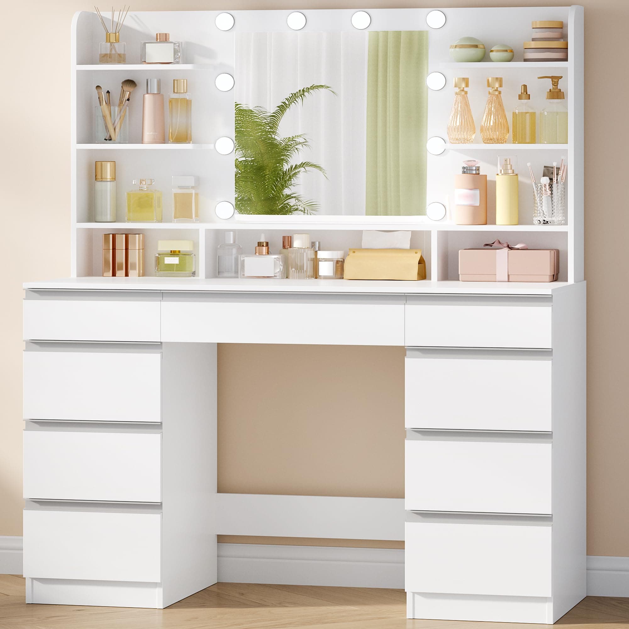 Hzuaneri 108 cm Tocador con 10 Globos de Luz LED, 3 Colores, Brillo Ajustable, Espejo HD Grande, 1 Cajón Grande y 8 Cajones Pequeños, 9 Áreas de Almacenaje Abiertas, Blanca-Plata DT35703WV1