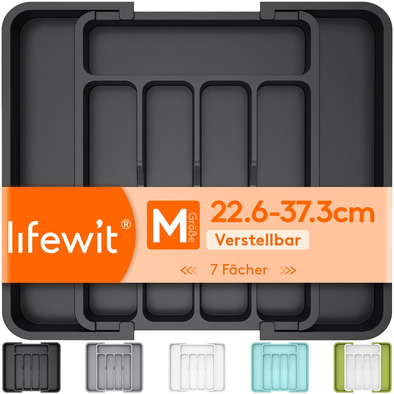 Lifewit Besteckkasten für Schubladen, verstellbarer Kunststoff Organizer Küche Tiefe 31 cm, Besteckeinsatz 5-7 Fächer, erweiterbar bis 37 cm, für Löffel und Gabeln, Schwarz, Mittel