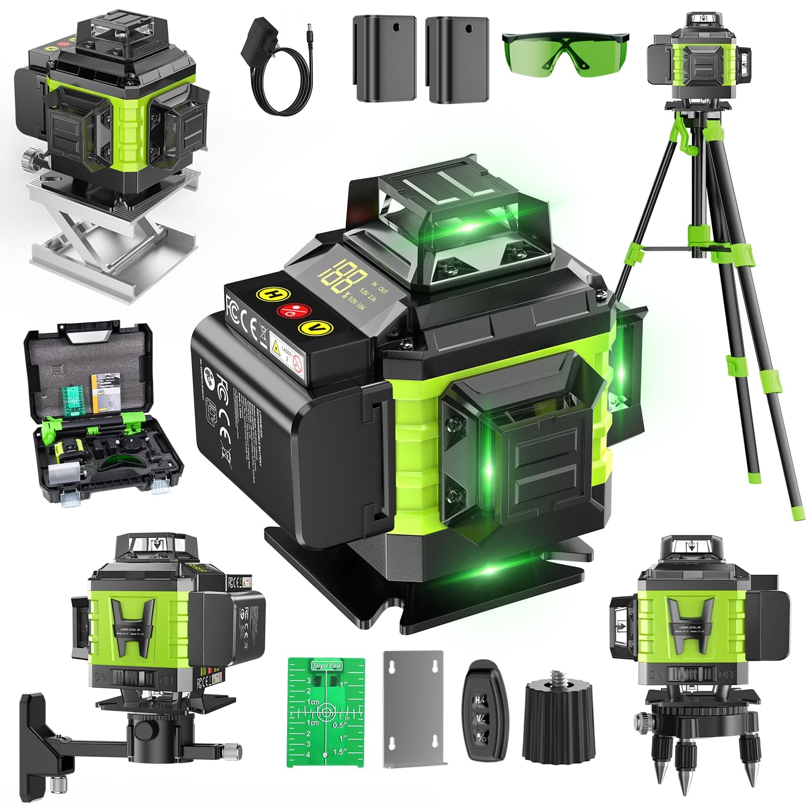 Livella Laser Autolivellante 16 Linee con Treppiede, 4 X 360 °Livello Laser Autolivellante Verde, 2 x Batterie, Autolivellante, Supporto rotante, Telecomando, Occhiali di sicurezza