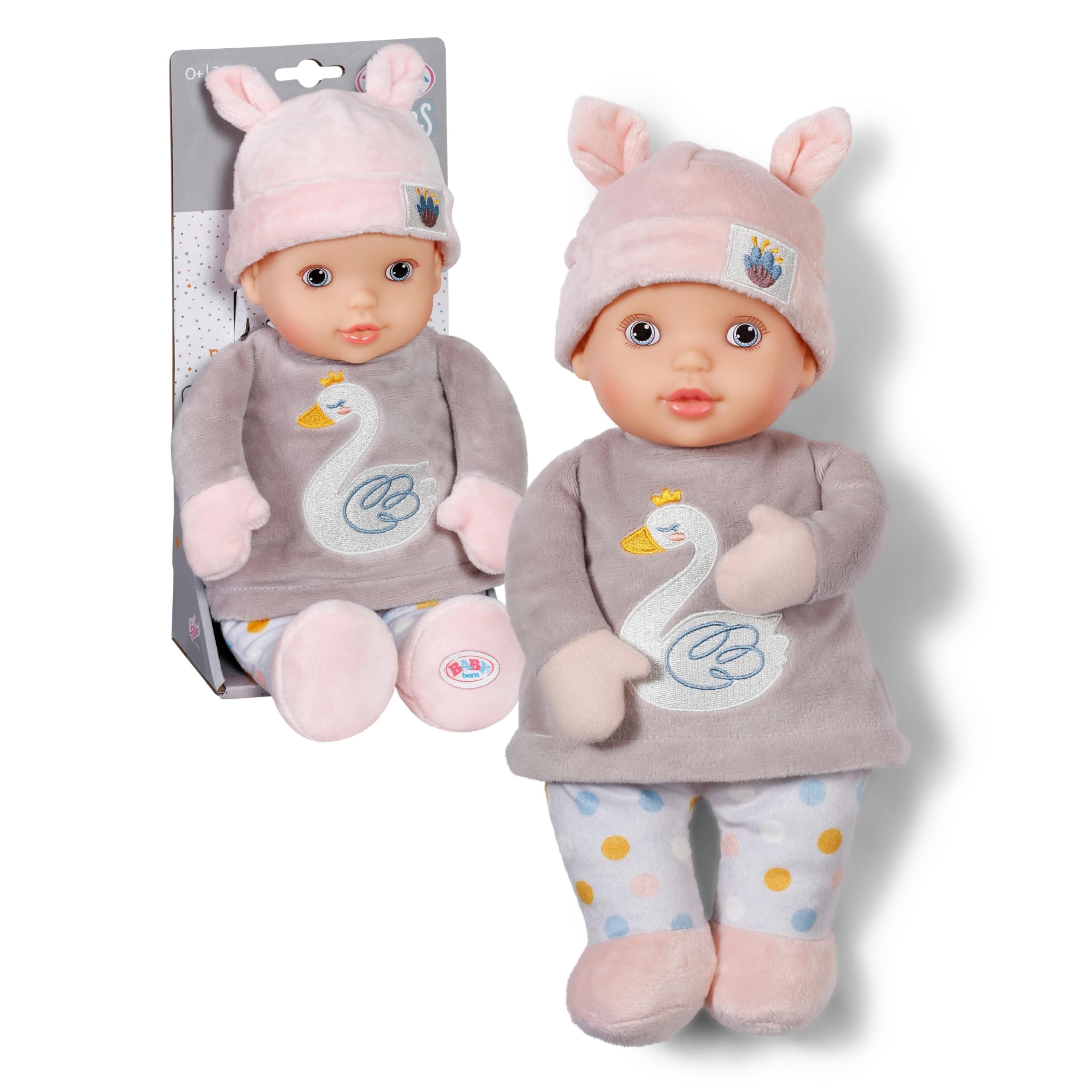 BABY Born for Babies Sweetie Mauve - Weiche 30 cm Puppe mit grauem Stoffkörper & integrierter Rassel - Für Neugeborene geeignet