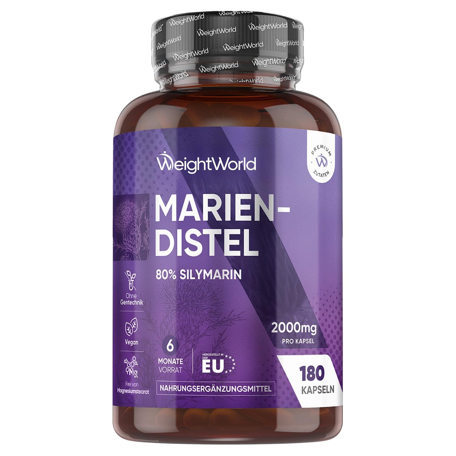 Mariendistel Kapseln - 2000 mg Mariendistel Pulver - Mit 80% Silymarin Extrakt - 180 Stück für 6 Monate Vorrat - Vegan & Frei von Magnesiumstearat - Täglich 1 Kapsel - Milk Thistle - WeightWorld