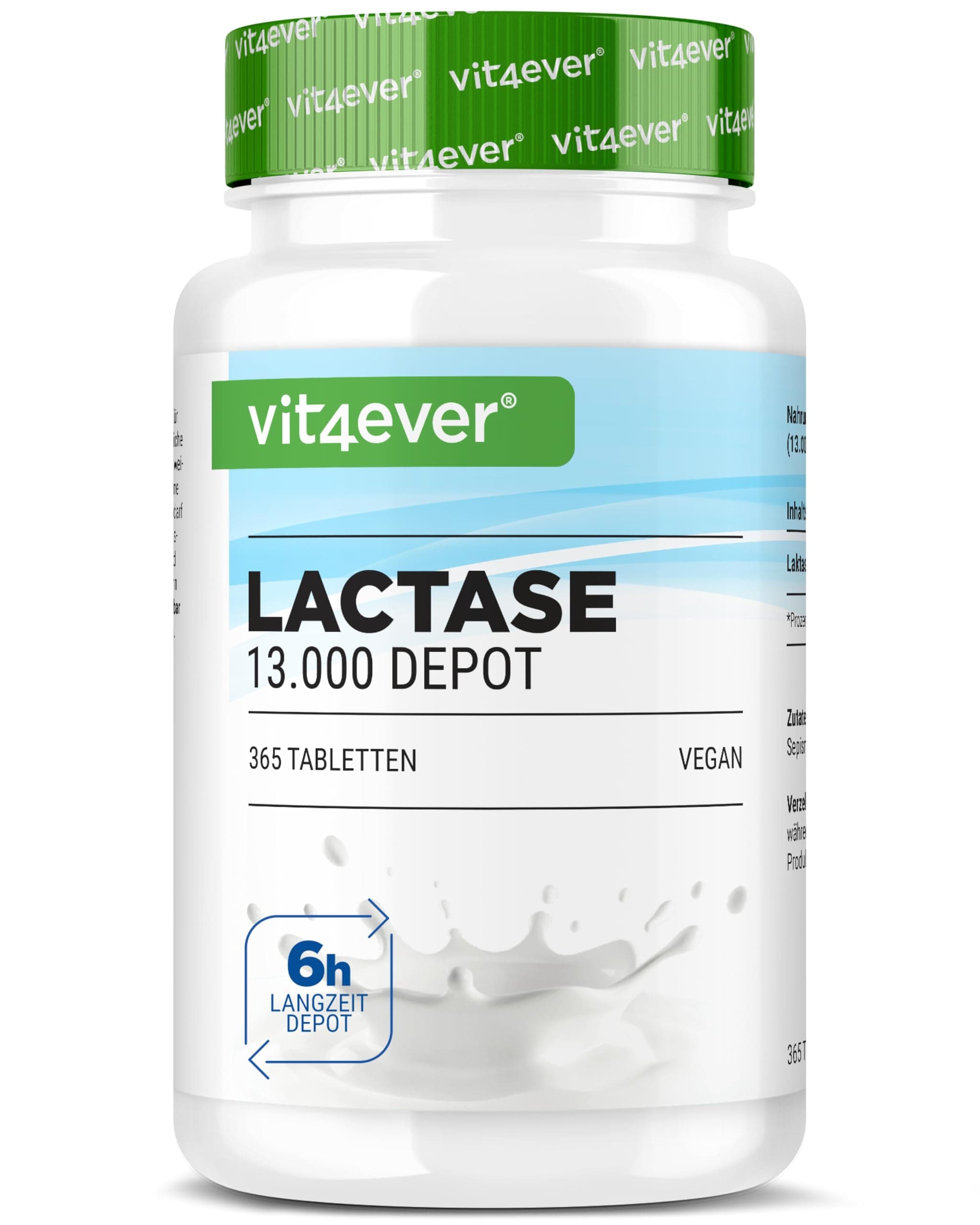 vit4ever Laktase 13.000 Depot - 365 Tabletten mit Depotwirkung (Sepismart® Slow Release) - Hochdosiert mit 13.000 FCC-Einheiten - Bei Laktoseintoleranz + Milchunverträglichkeit - Vegan