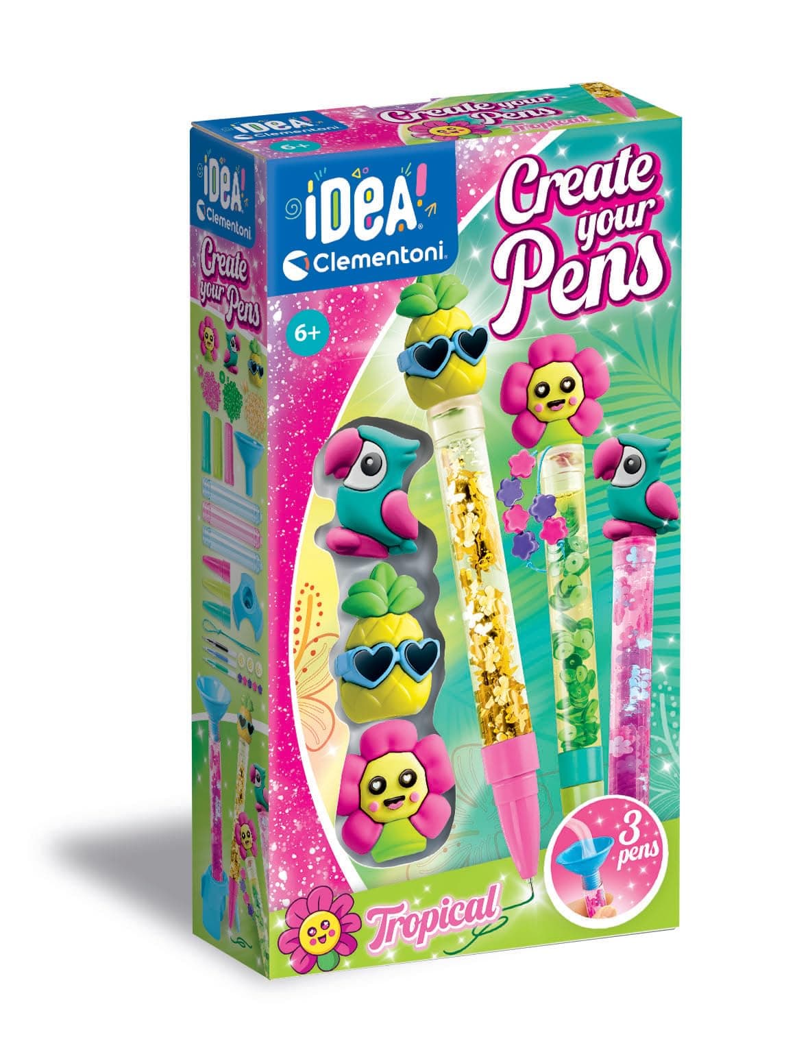 Clementoni Idea Deine Stift-Kreationen Tropical - DIY Stifte-Set mit tropischen Accessoires - Bastelset zum Stifte selber machen, Kreativspielzeug & Geschenk-Set für Kinder ab 6 Jahren, 18790