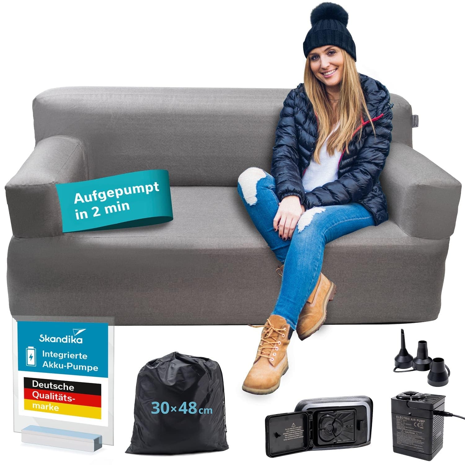 Skandika Doppel-Luftsofa Easy Air Premium | Aufblasbares Sofa Outdoor, mit Elektropumpe, für 2 Personen, Aufladbar mit USB-Ladekabel, Gästebett, bis 200 kg, Tragetasche | Luft Couch, Camping