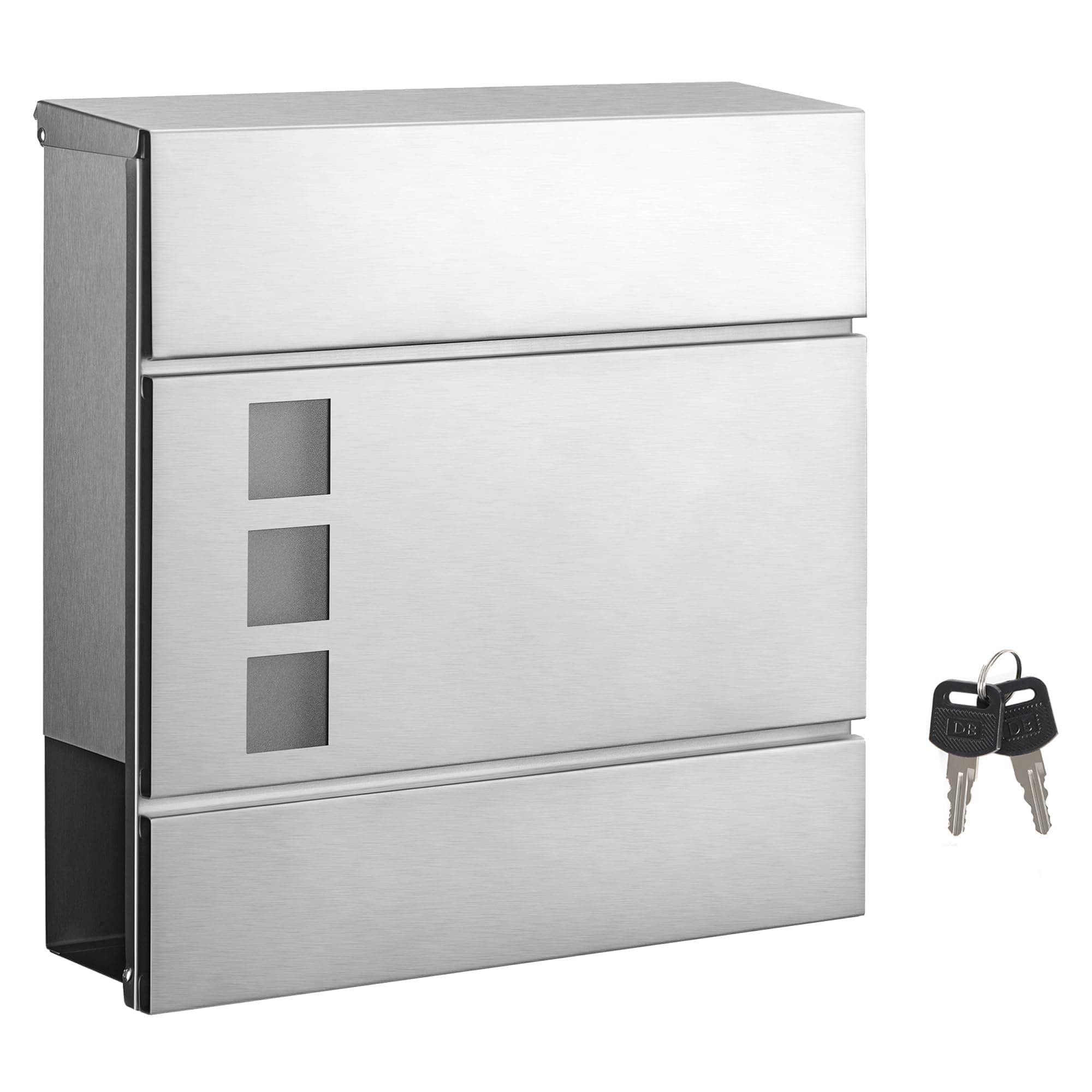 SONGMICS XXL Briefkasten, Postkasten mit Zeitungsfach, 10,5 x 37 x 37 cm, Aufkleber gegen unerwünschte Werbung, Sichtfenster, abschließbar, 2 Schlüssel, modern, einfache Montage, silbern GMB052S02